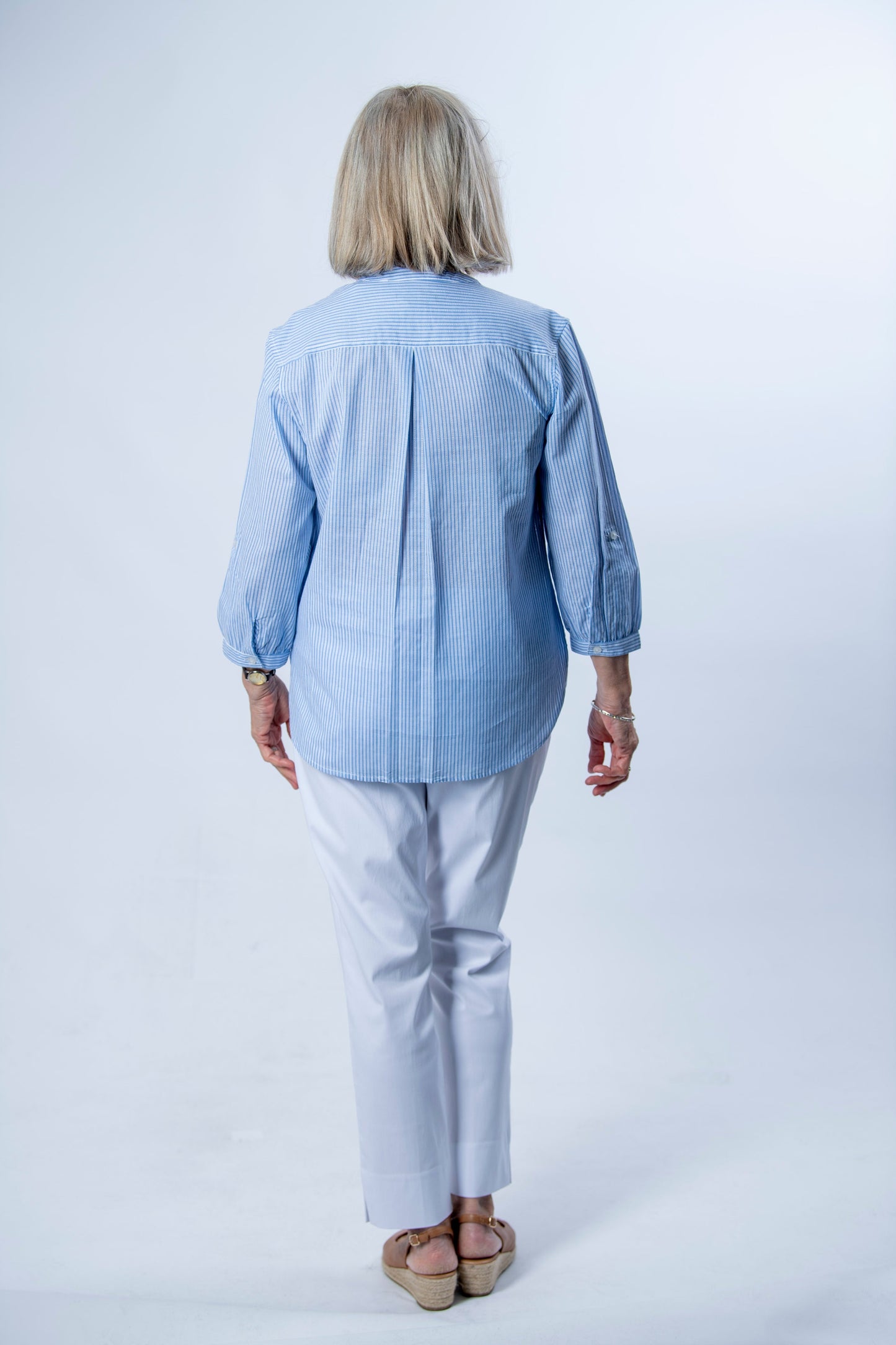 3/4 tab sleeve cotton stripe mandarin collar shirt #3206 - Blue