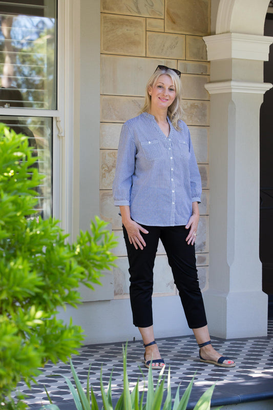 3/4 tab sleeve pointelle cotton stripe mandarin collar shirt #3206 - Black