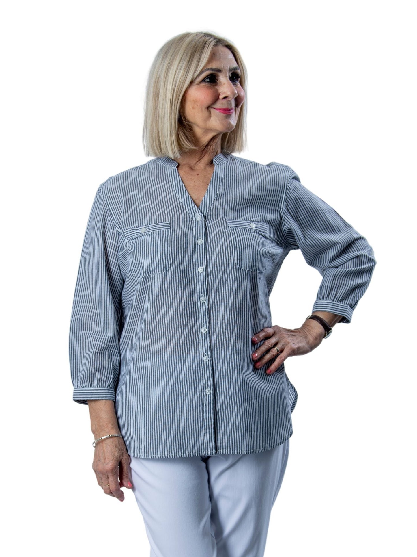 3/4 tab sleeve pointelle cotton stripe mandarin collar shirt #3206 - Black