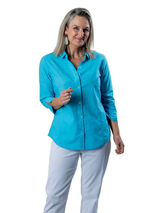 Semi-Fitted Linen Blend 3/4 sleeve shirt #3330 - Aqua