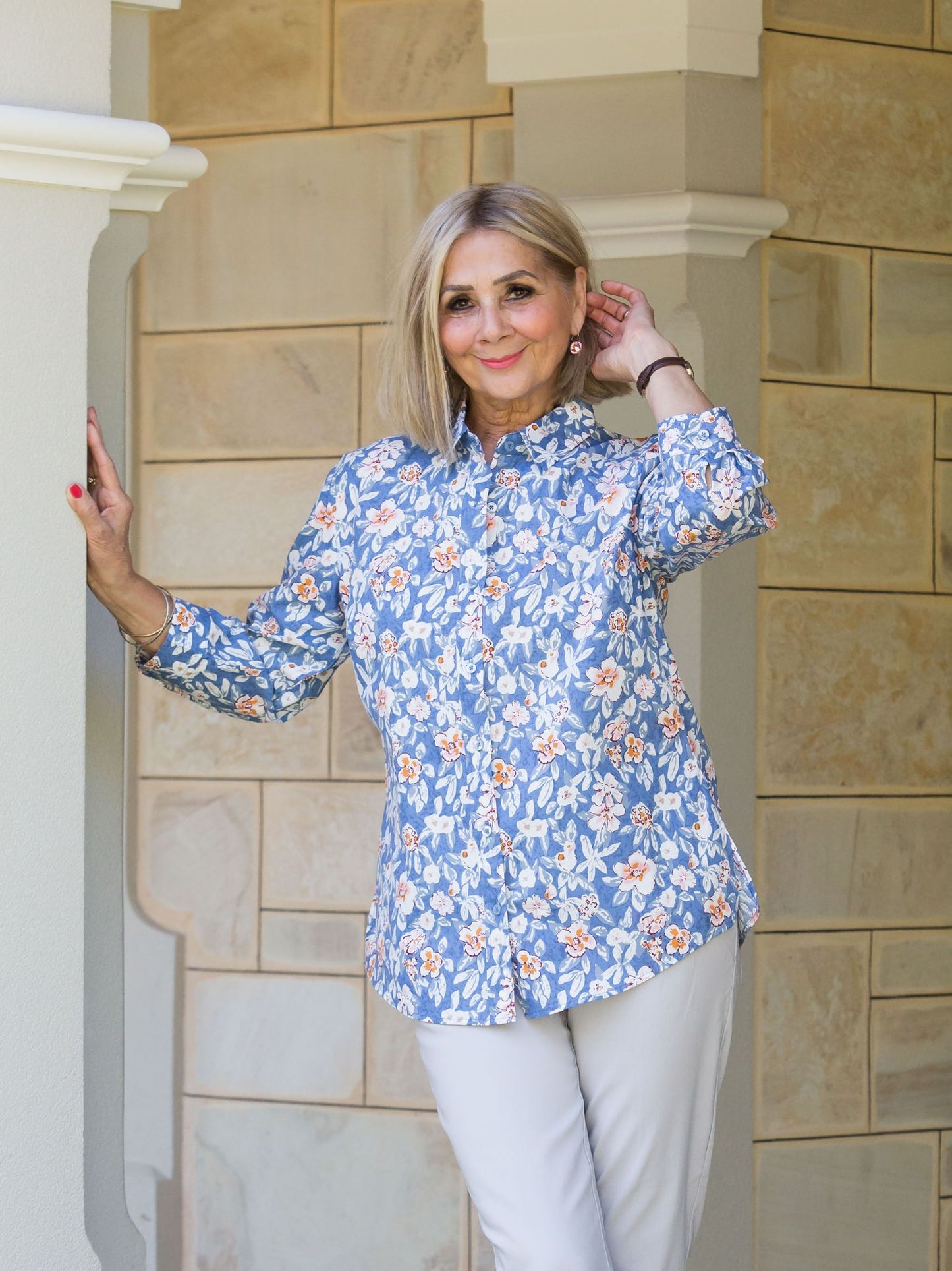 Semi-Fitted 100% Cotton poplin 3/4 sleeve spring floral print shirt with back yoke #3416 - Blue