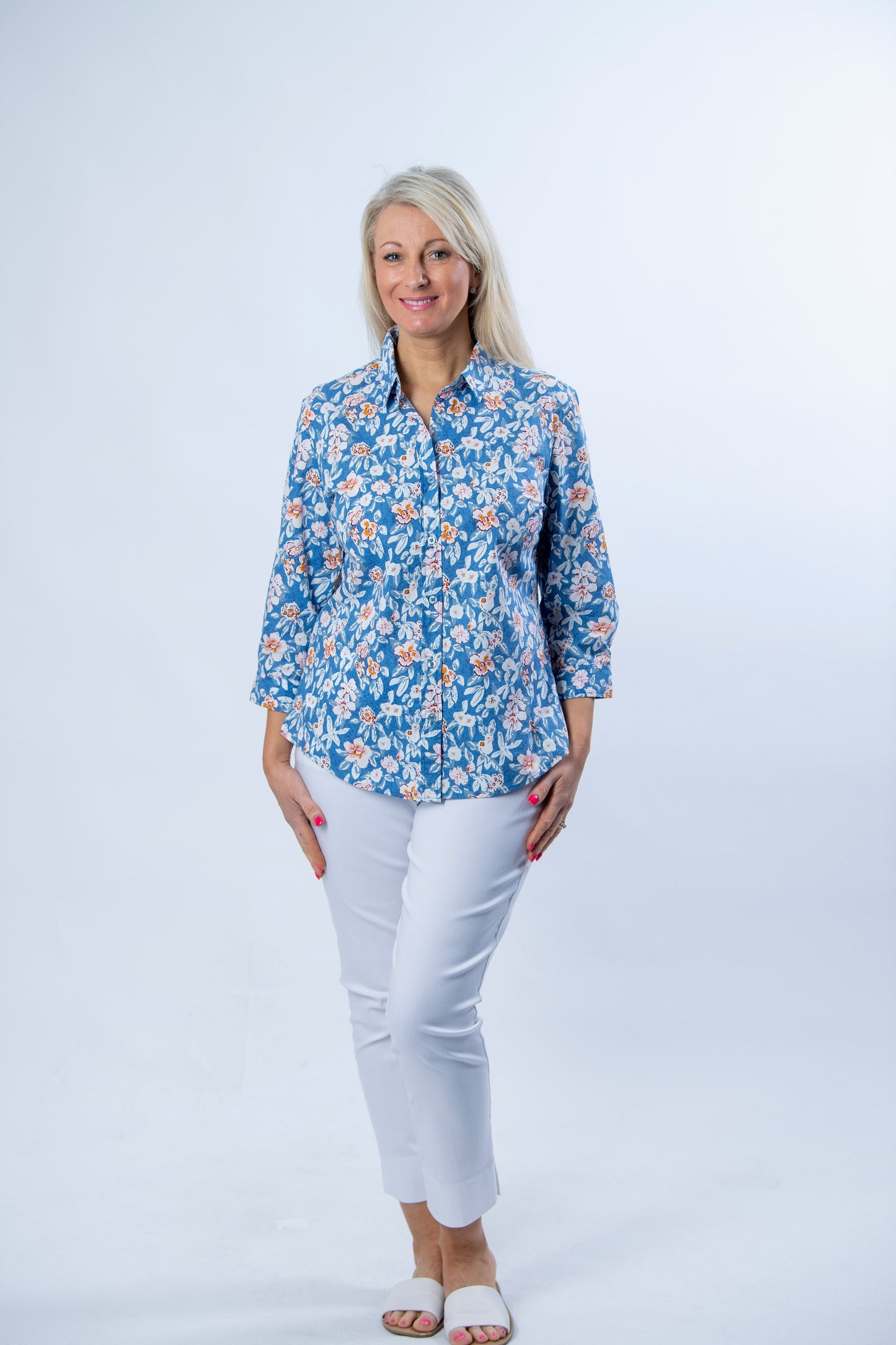 Semi-Fitted 100% Cotton poplin 3/4 sleeve spring floral print shirt with back yoke #3416 - Blue