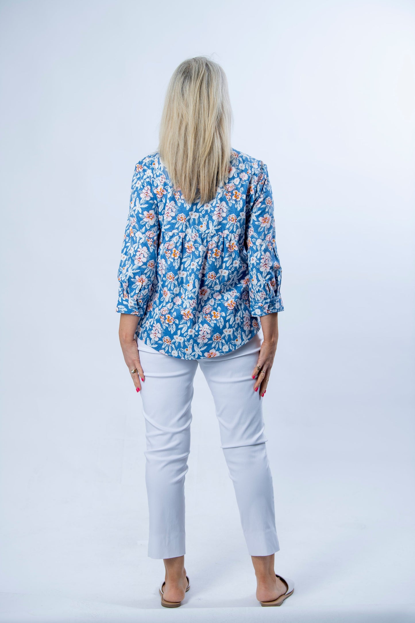 Semi-Fitted 100% Cotton poplin 3/4 sleeve spring floral print shirt with back yoke #3416 - Blue