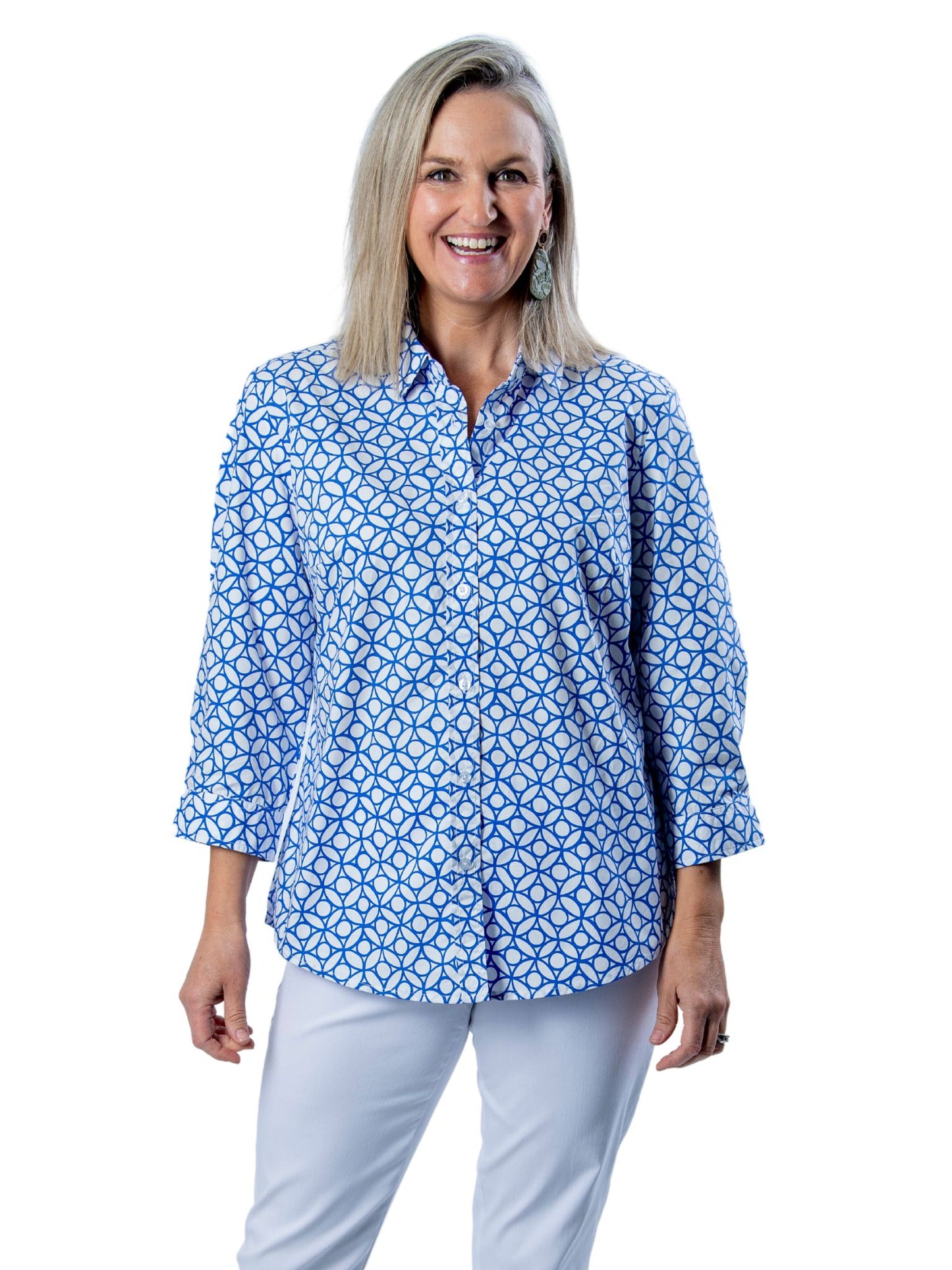 Semi-Fitted 100% Cotton poplin 3/4 sleeve geometric print shirt with back yoke #3554 - Blue