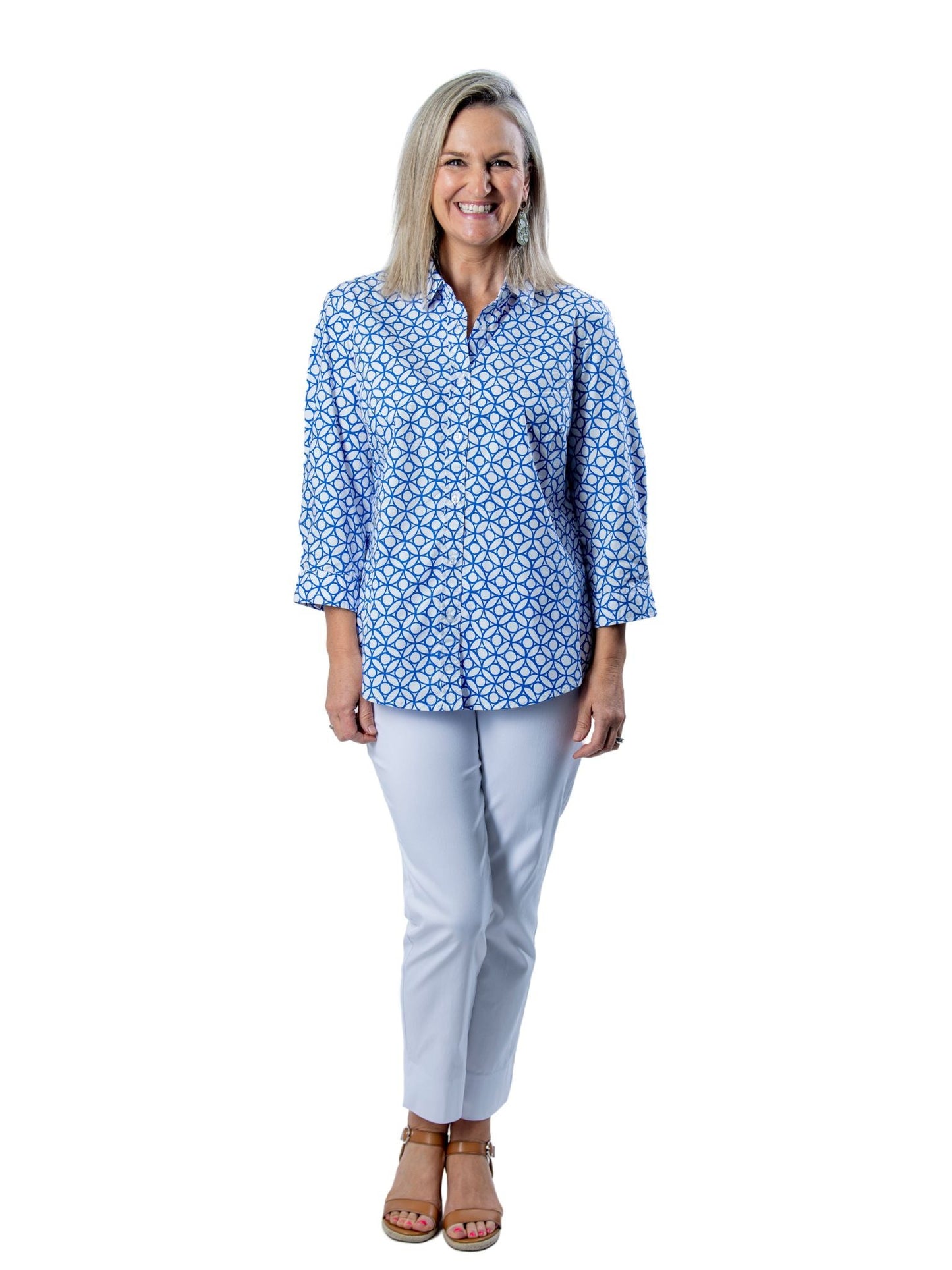 Semi-Fitted 100% Cotton poplin 3/4 sleeve geometric print shirt with back yoke #3554 - Blue