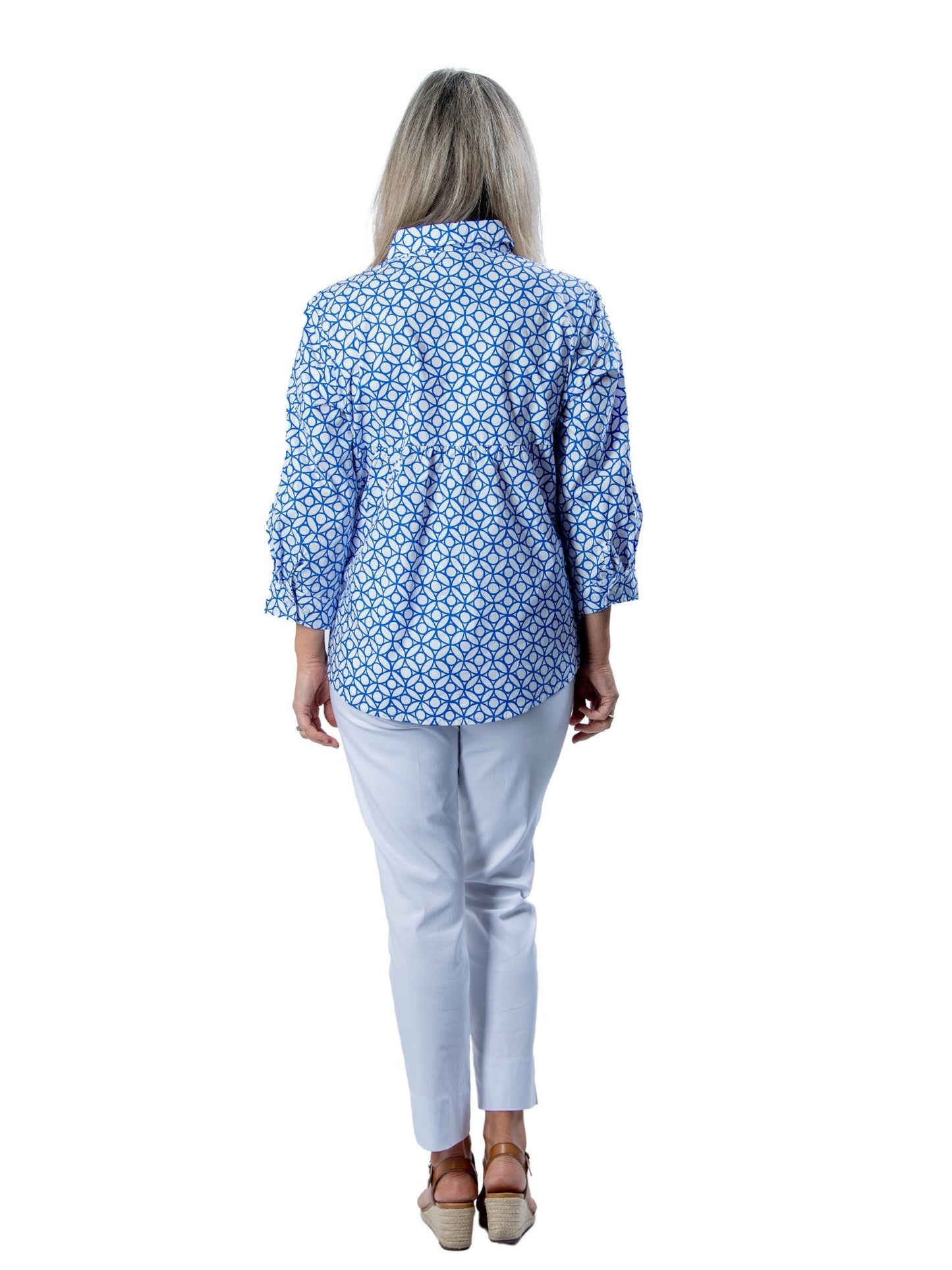 Semi-Fitted 100% Cotton poplin 3/4 sleeve geometric print shirt with back yoke #3554 - Blue