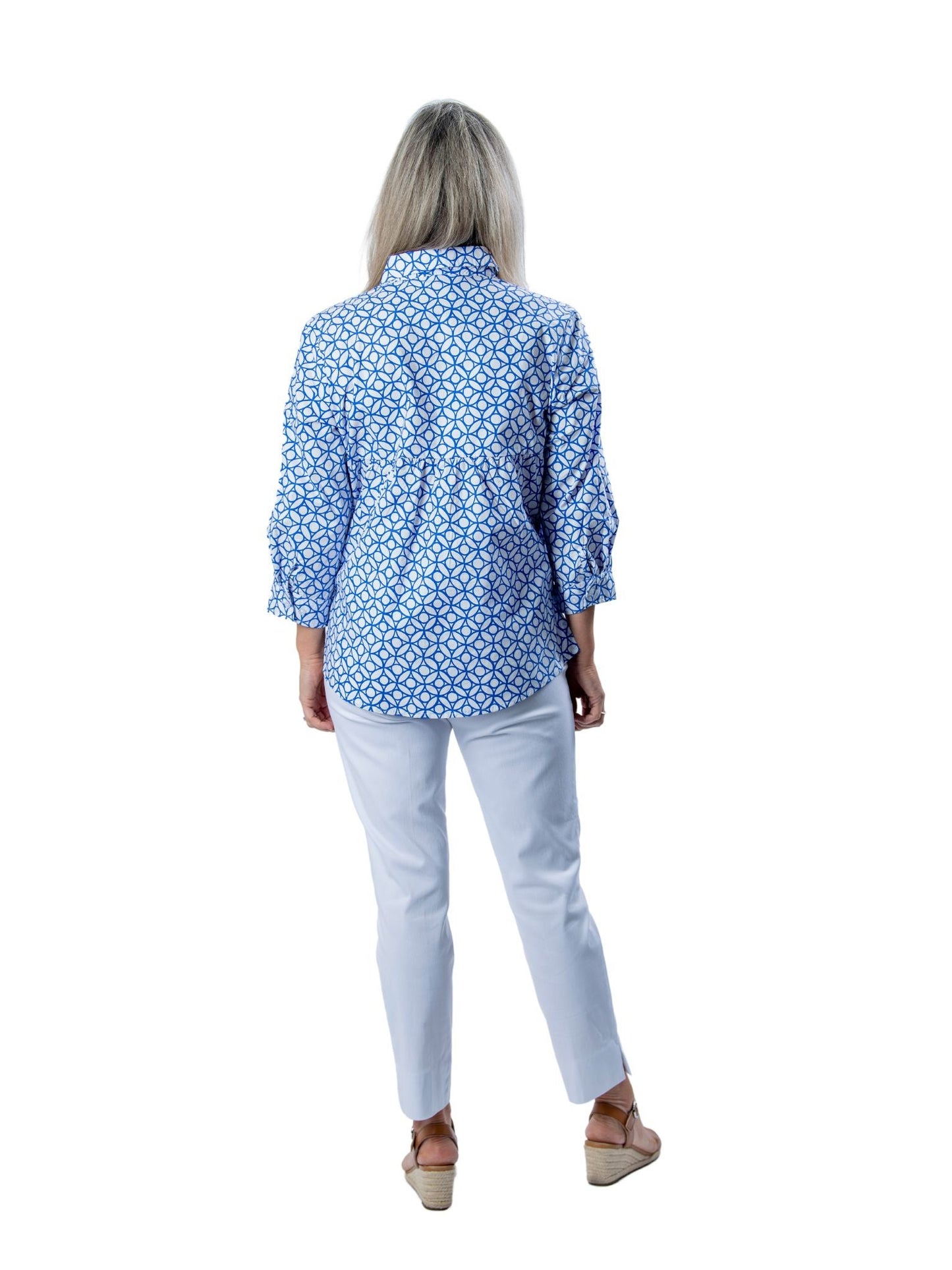 Semi-Fitted 100% Cotton poplin 3/4 sleeve geometric print shirt with back yoke #3554 - Blue
