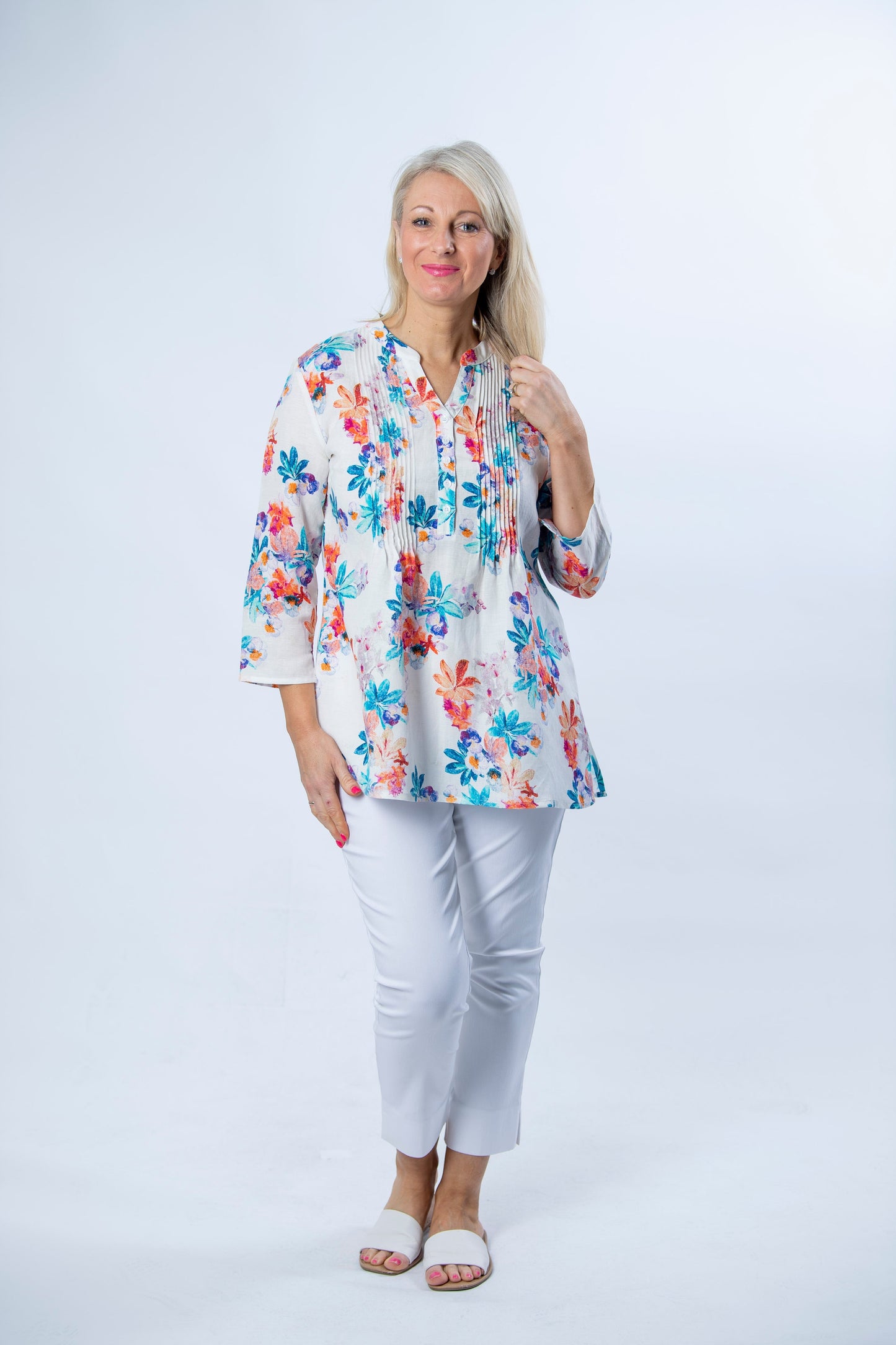 Relaxed Linen blend 1/2 placket, 3/4 sleeve tropical print shirt with front pintuck detail #3959 - Multi