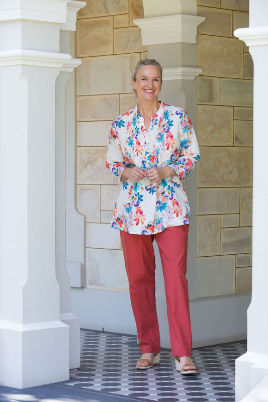 Relaxed Linen blend 1/2 placket, 3/4 sleeve tropical print shirt with front pintuck detail #3959 - Multi