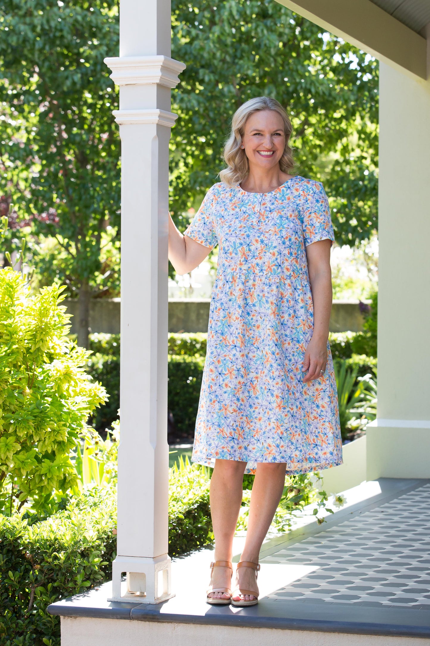 Short sleeve fine floral dress with pockets #7528 - Blue