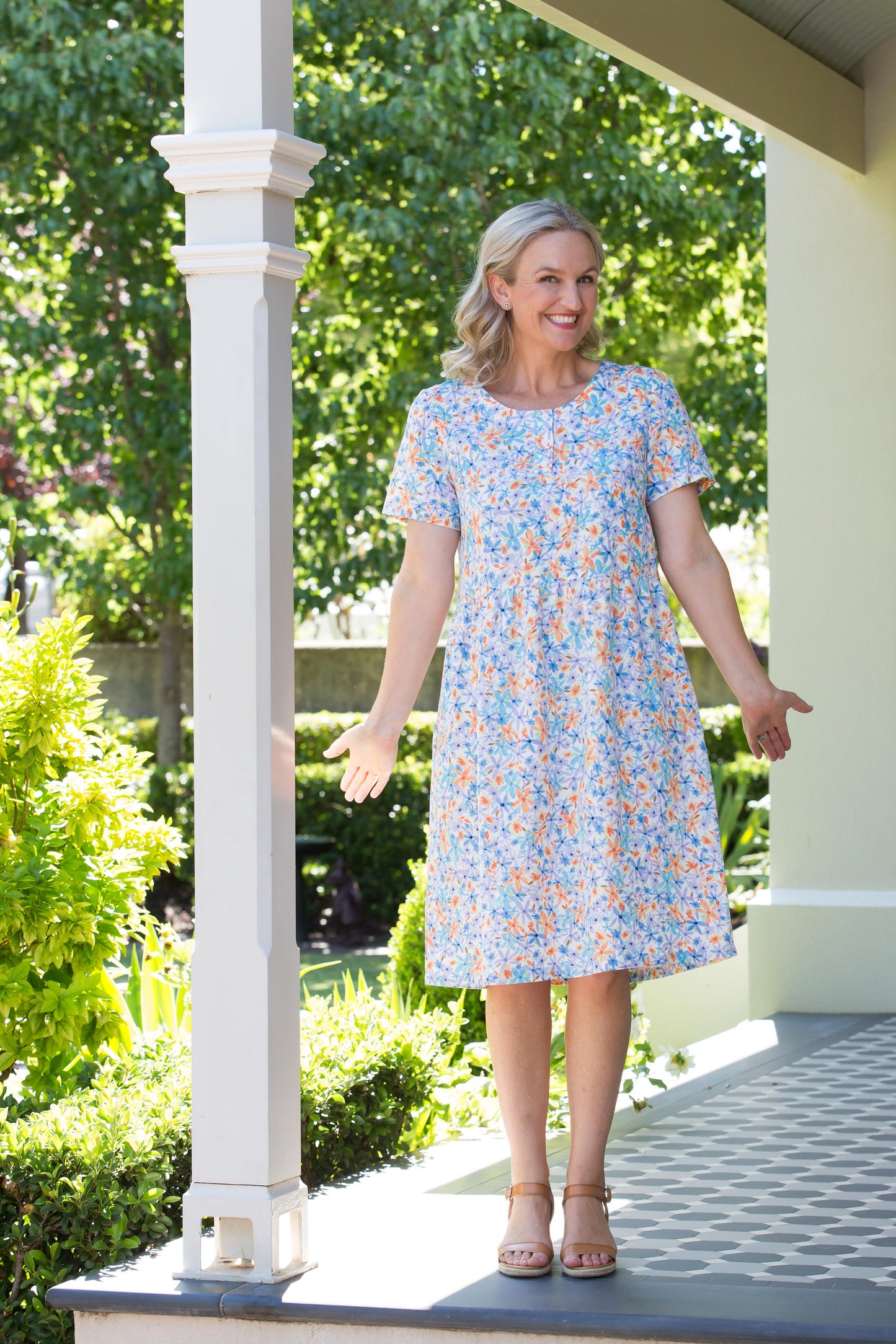 Short sleeve fine floral dress with pockets #7528 - Blue