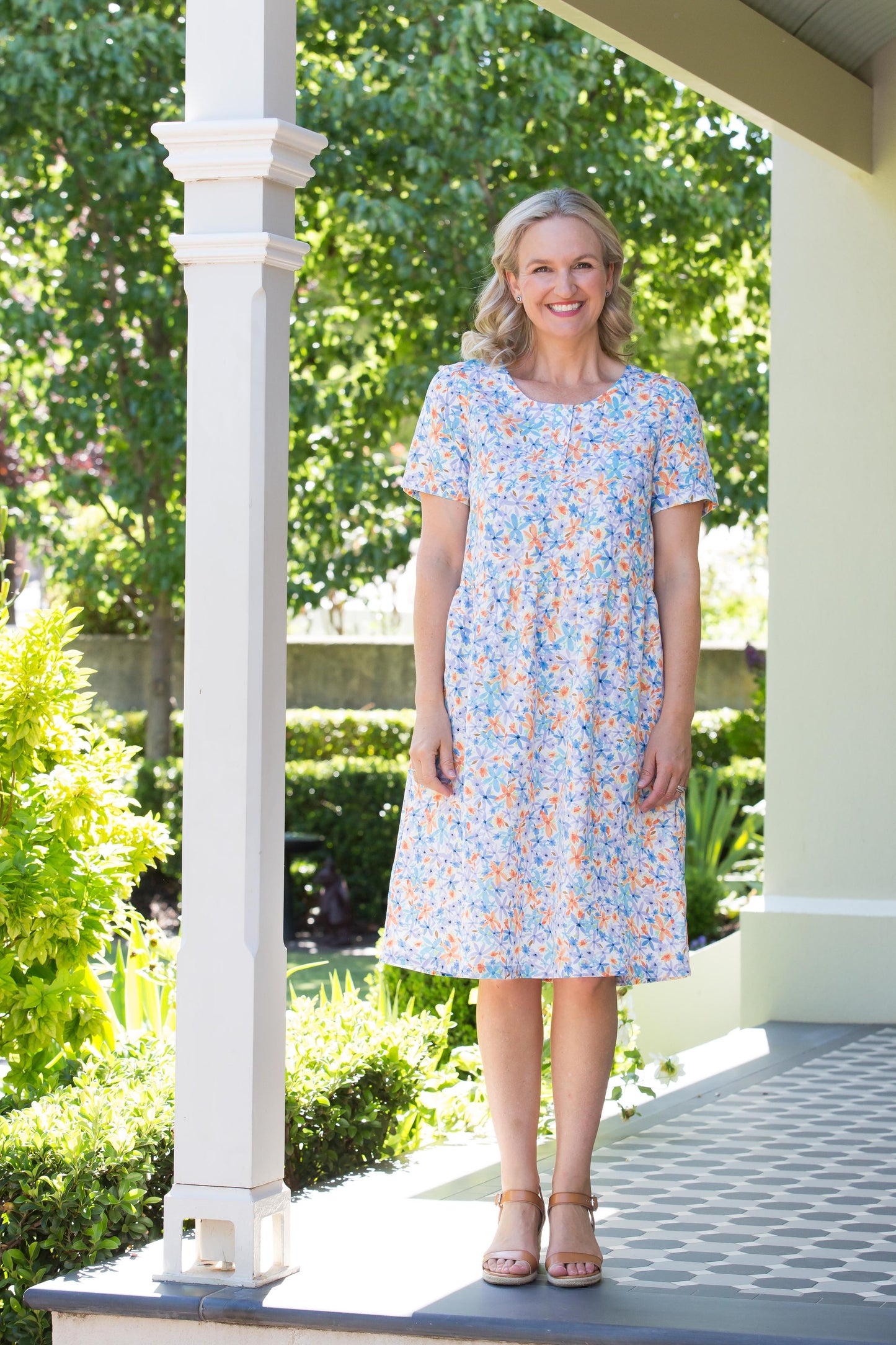 Short sleeve fine floral dress with pockets #7528 - Blue