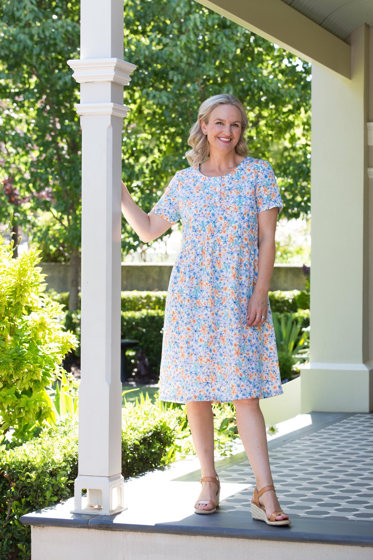 Short sleeve fine floral dress with pockets #7528 - Blue
