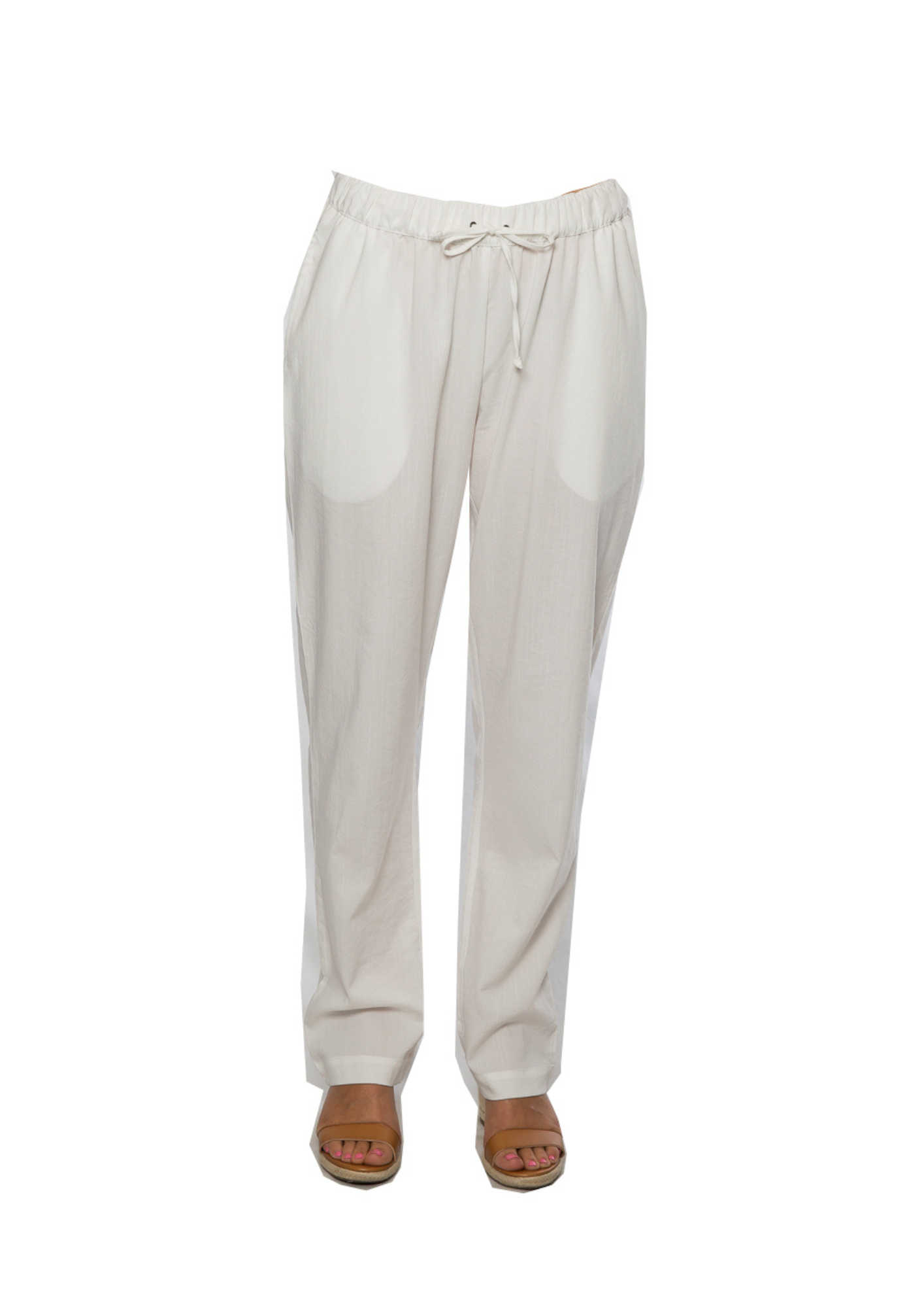 Straight leg Drawstring Pull-on style pants with side seam pockets #6126 White