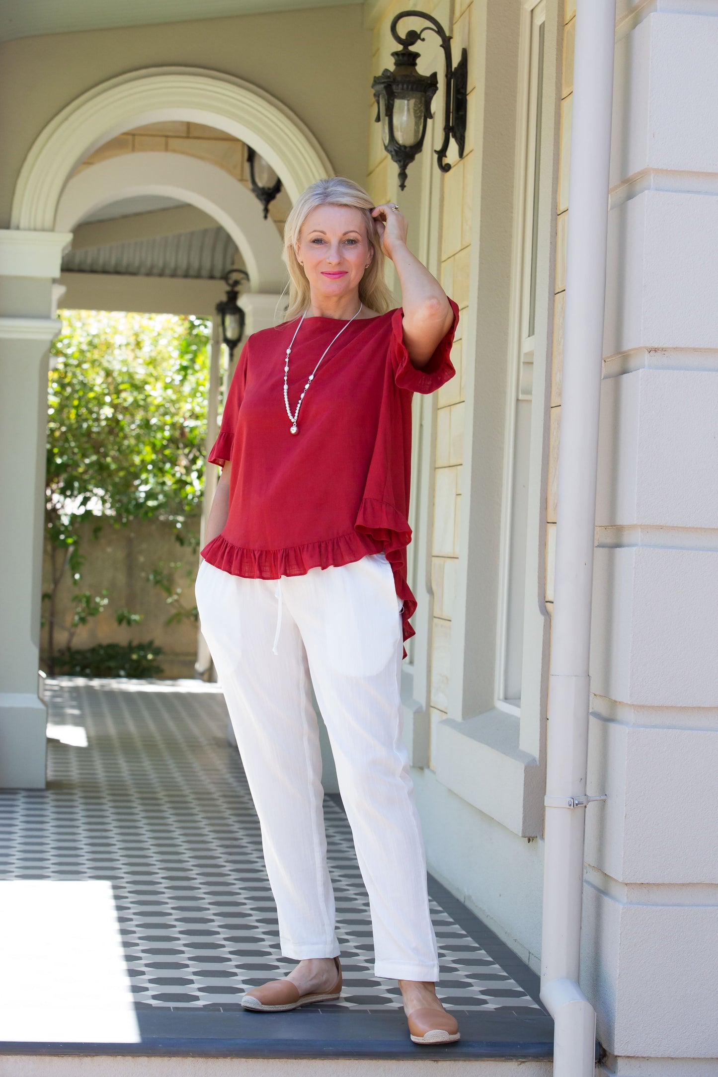 Straight leg Drawstring Pull-on style pants with side seam pockets #6126 White