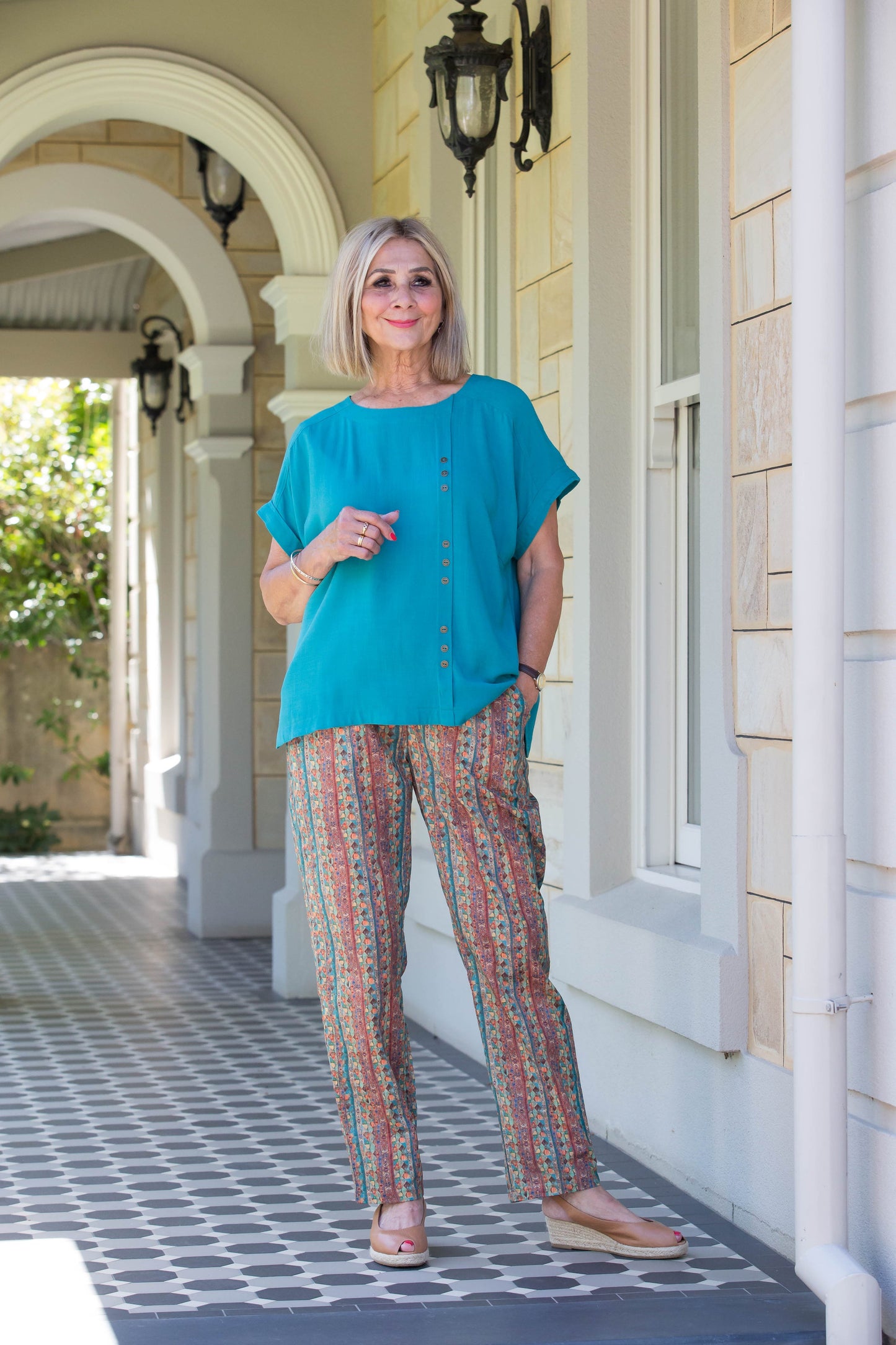 Print pants with slant pockets and Elastic waist #6290 Turquoise