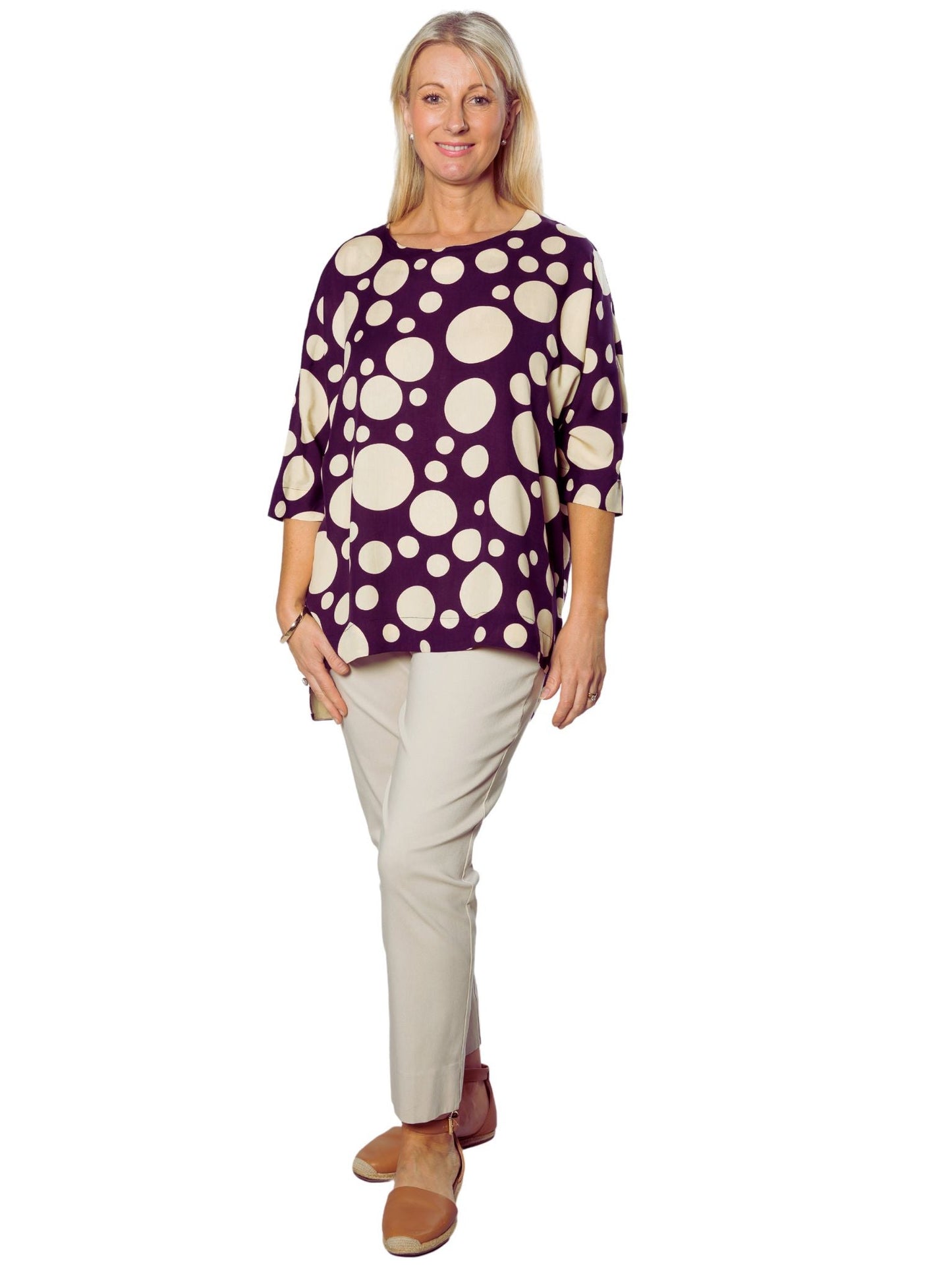 Extended Half Sleeve Spot print Hi-Lo Tunic #453 - Navy/Sand