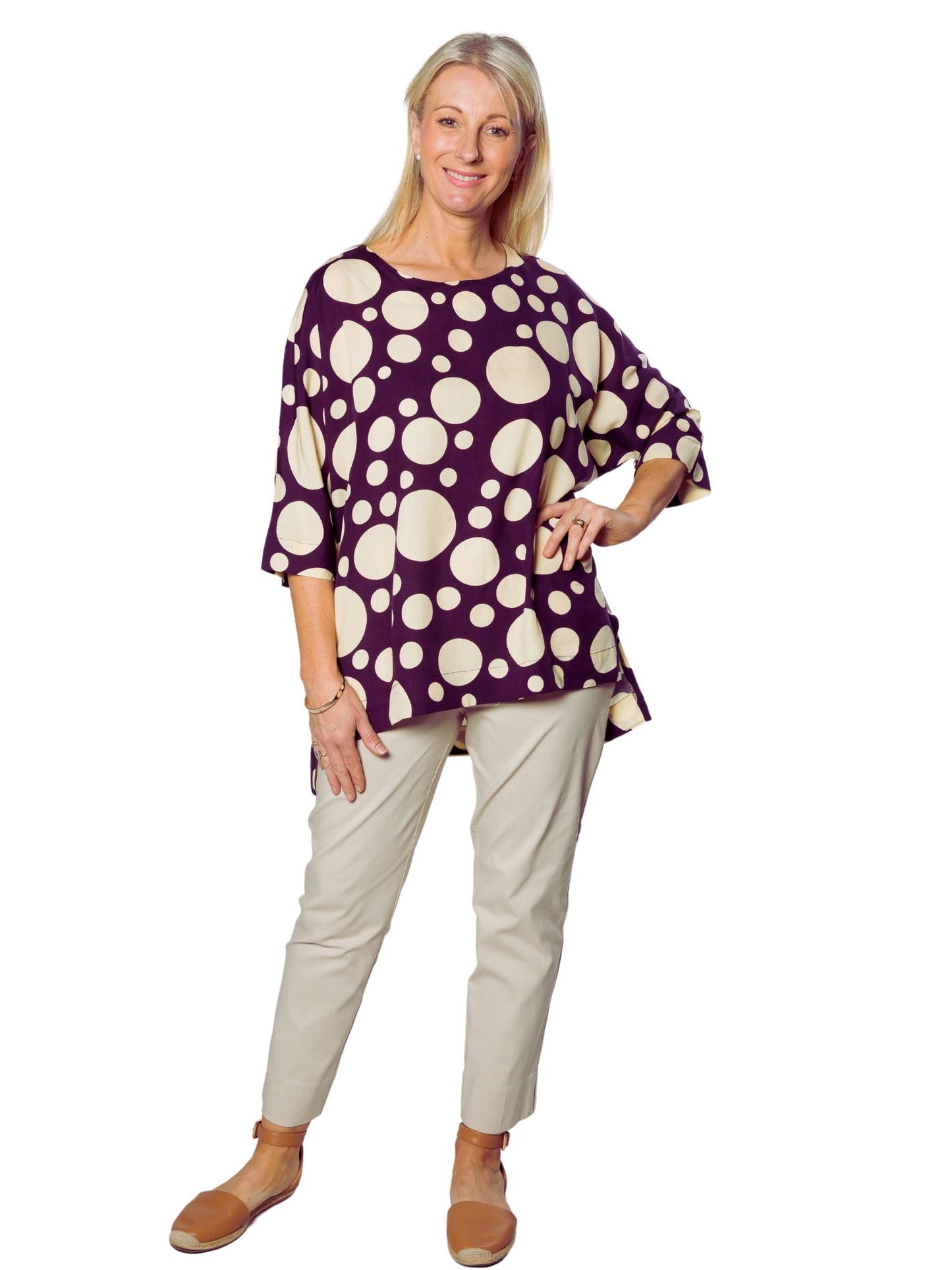 Extended Half Sleeve Spot print Hi-Lo Tunic #453 - Navy/Sand