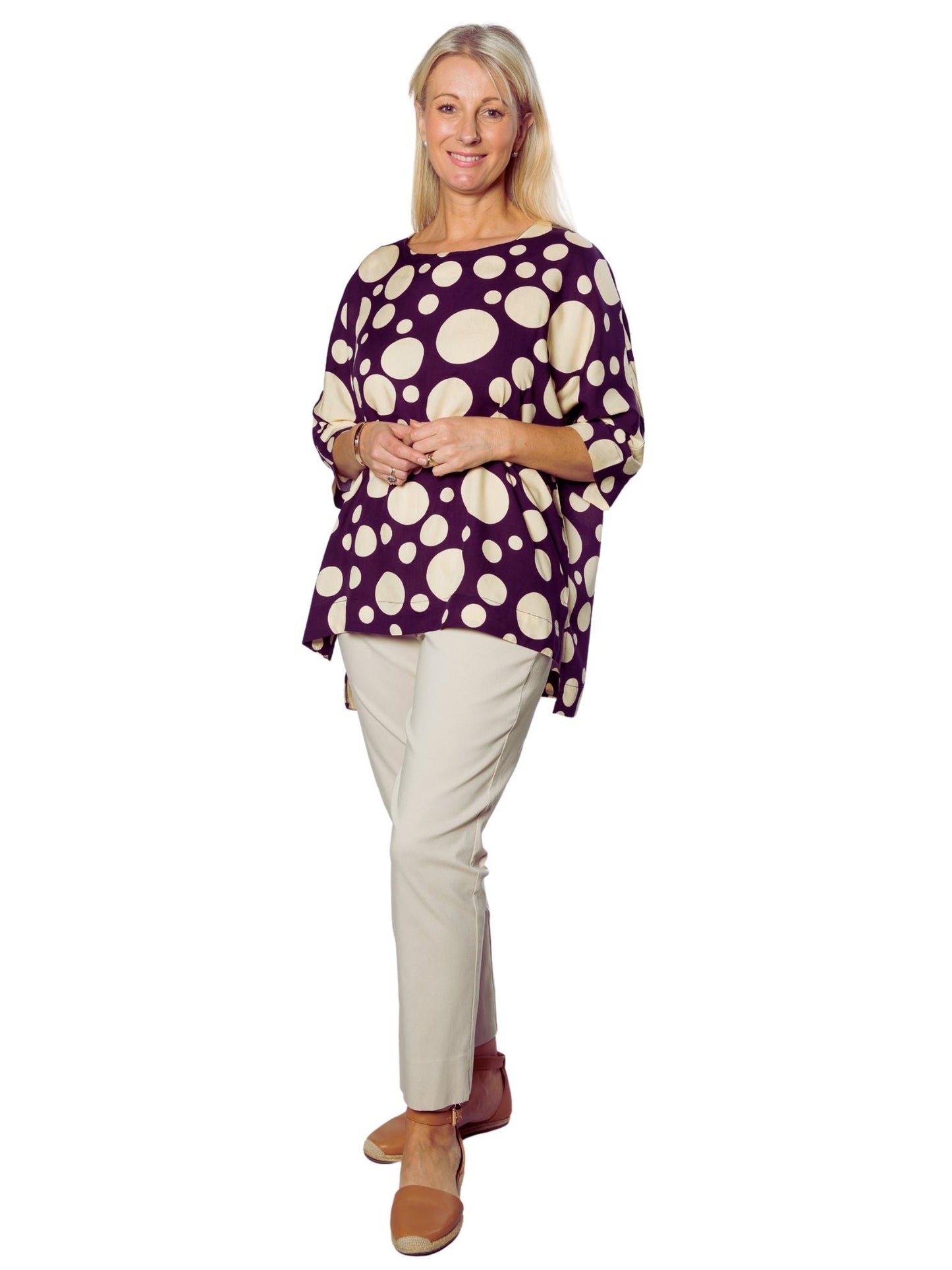 Extended Half Sleeve Spot print Hi-Lo Tunic #453 - Navy/Sand