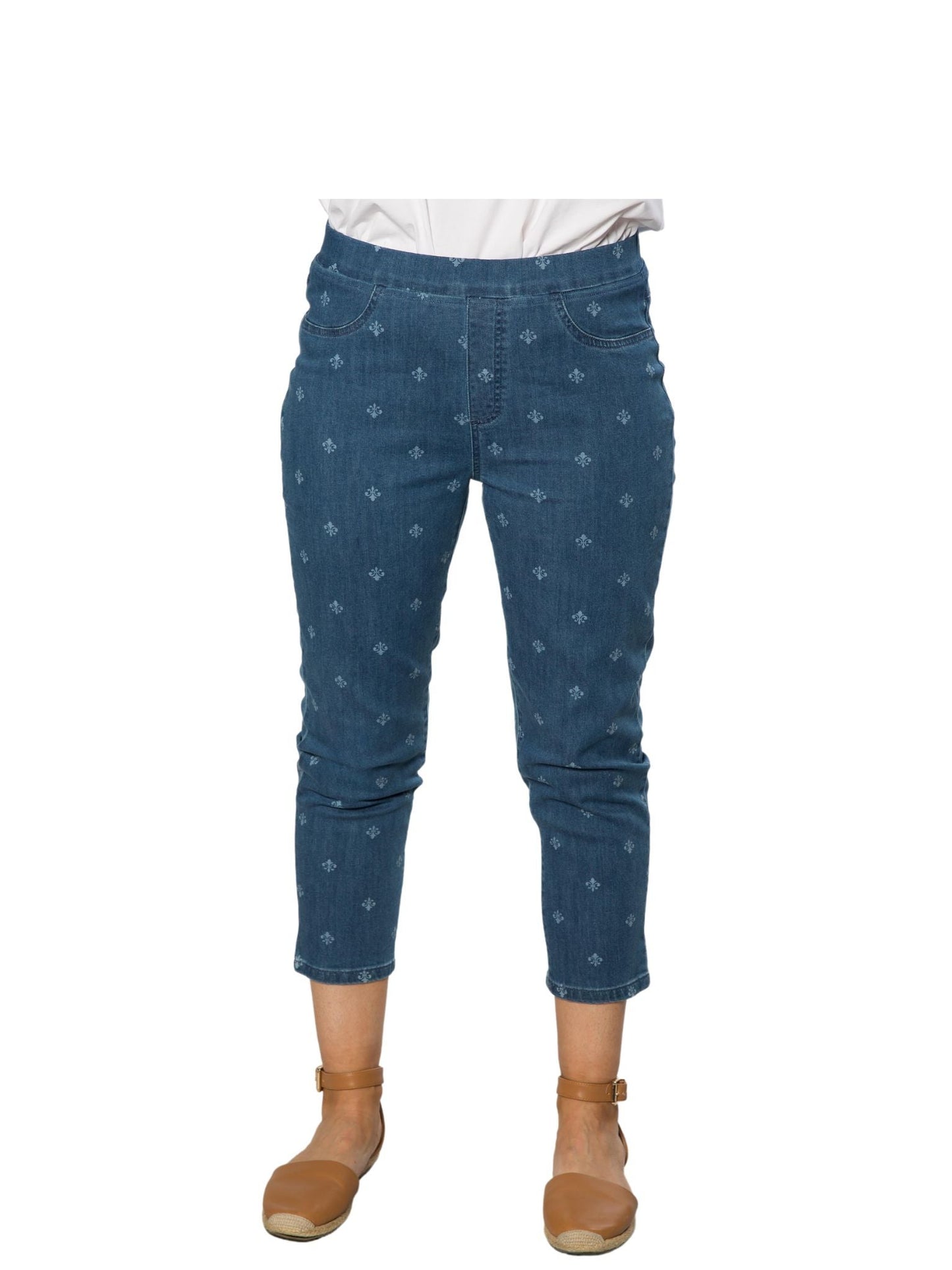 Fleur De Lys all-over Printed 3/4 length flat elastic waist pants with patch pockets on back #6822 Stonewash