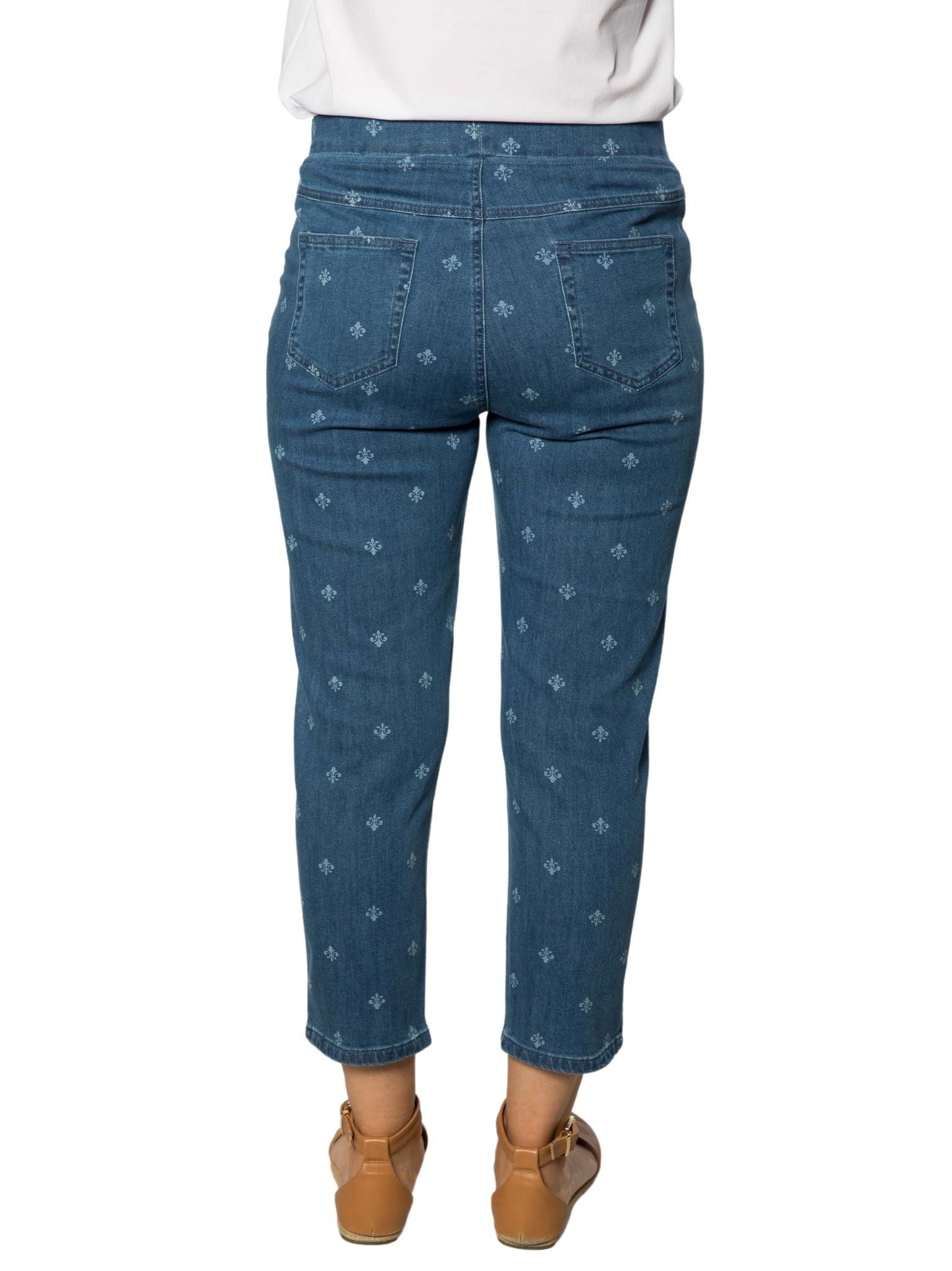 Fleur De Lys all-over Printed 3/4 length flat elastic waist pants with patch pockets on back #6822 Stonewash