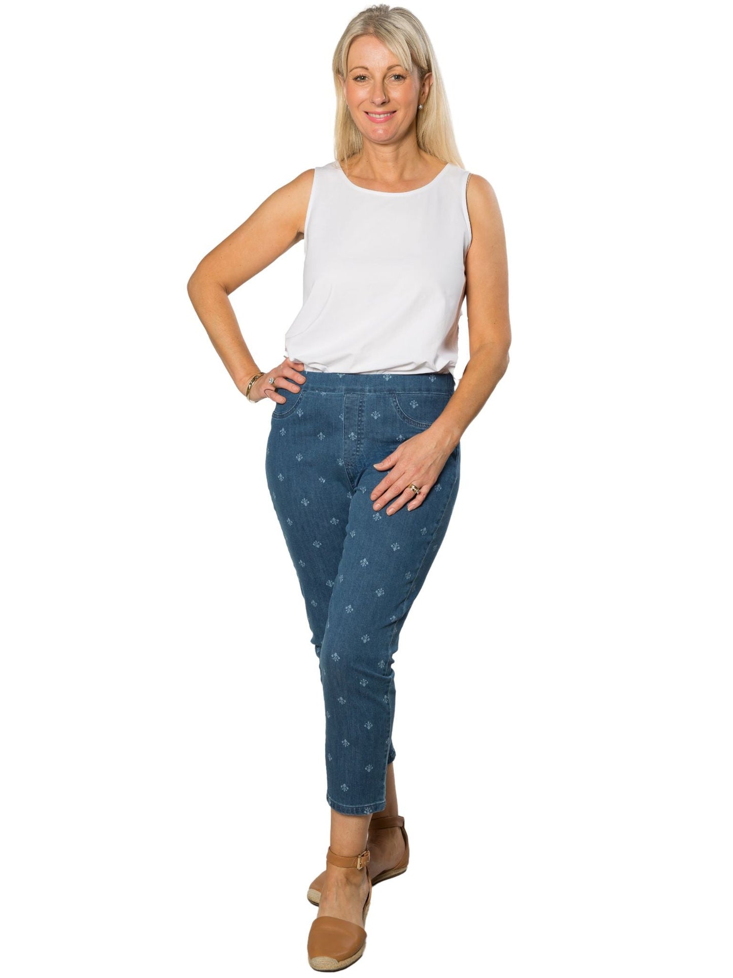 Fleur De Lys all-over Printed 3/4 length flat elastic waist pants with patch pockets on back #6822 Stonewash