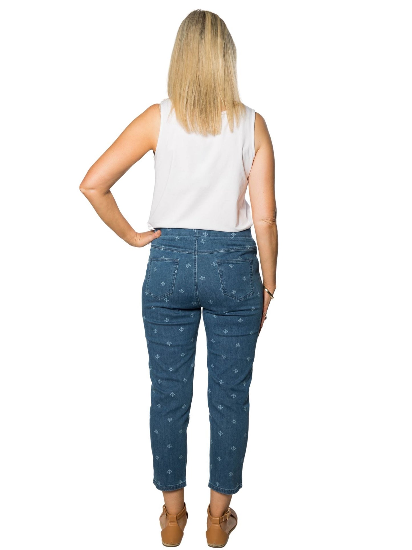 Fleur De Lys all-over Printed 3/4 length flat elastic waist pants with patch pockets on back #6822 Stonewash