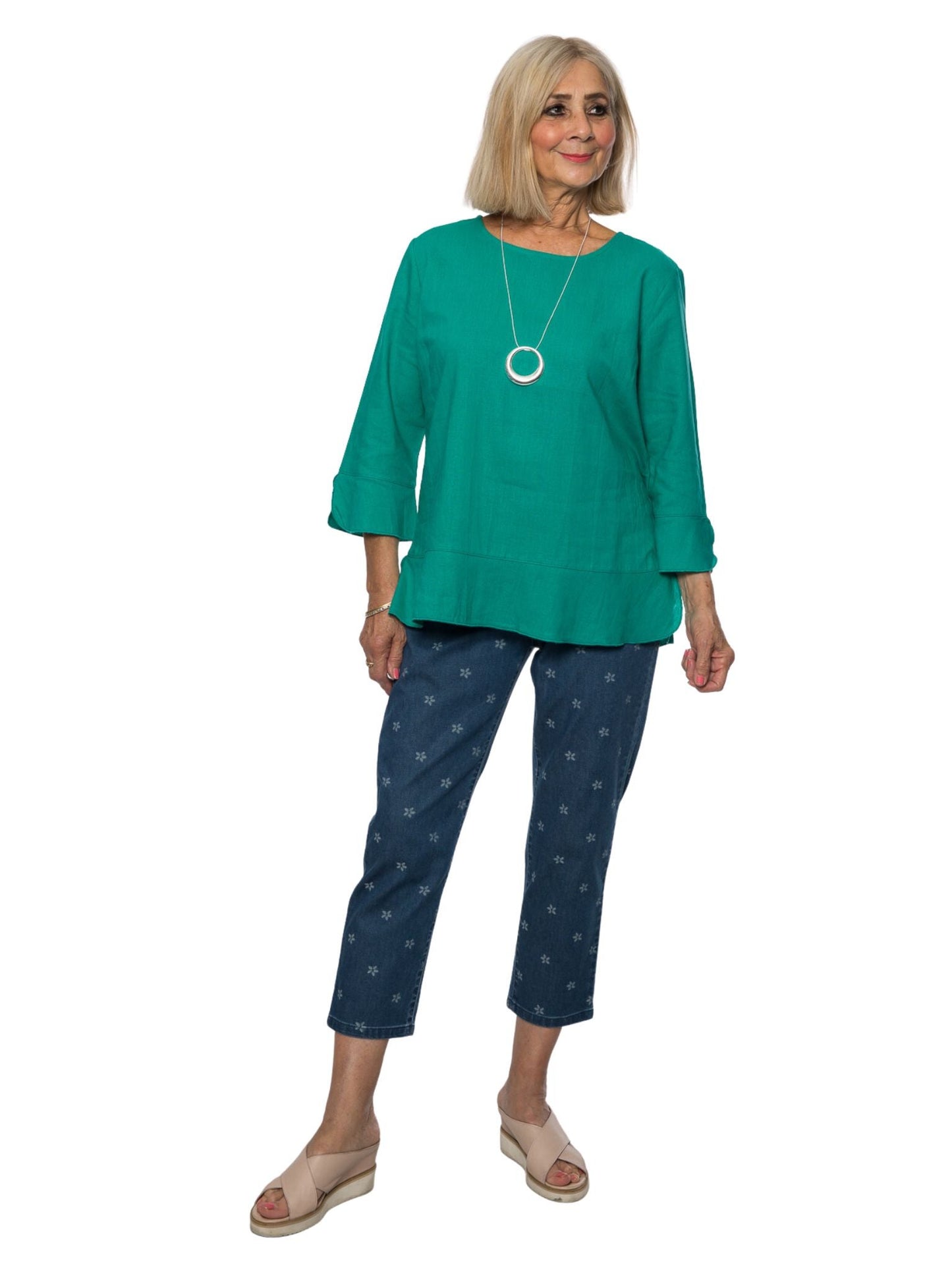 Fleur De Lys all-over Printed 3/4 length flat elastic waist pants with patch pockets on back #6822 Stonewash