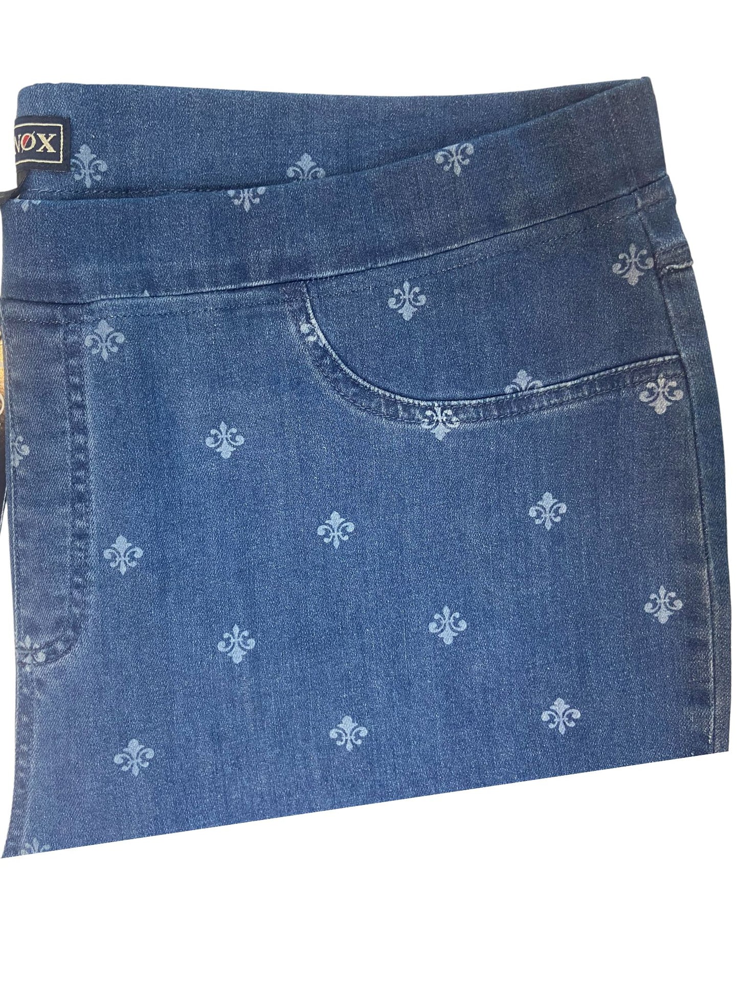 Fleur De Lys all-over Printed 3/4 length flat elastic waist pants with patch pockets on back #6822 Stonewash