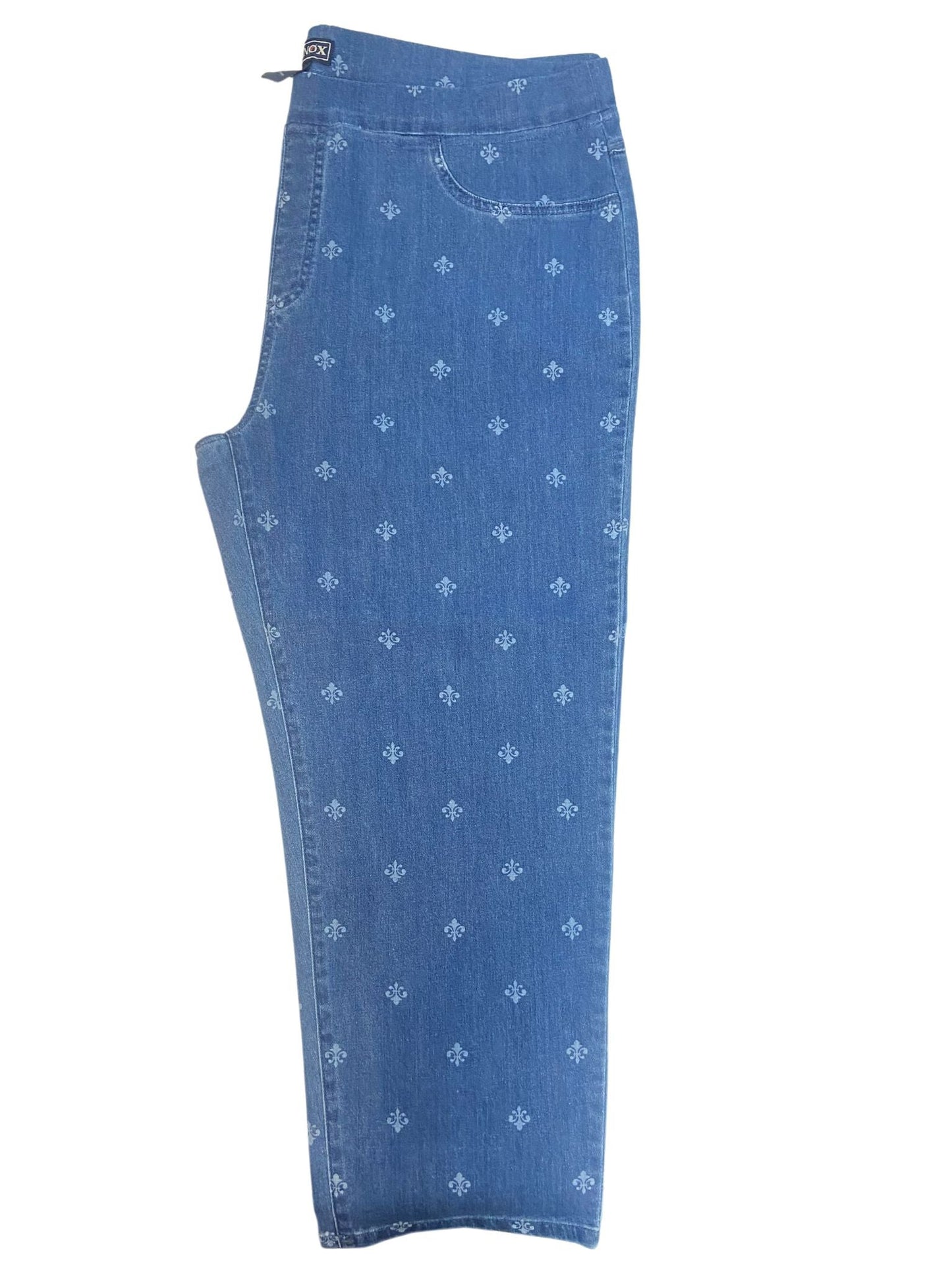 Fleur De Lys all-over Printed 3/4 length flat elastic waist pants with patch pockets on back #6822 Stonewash