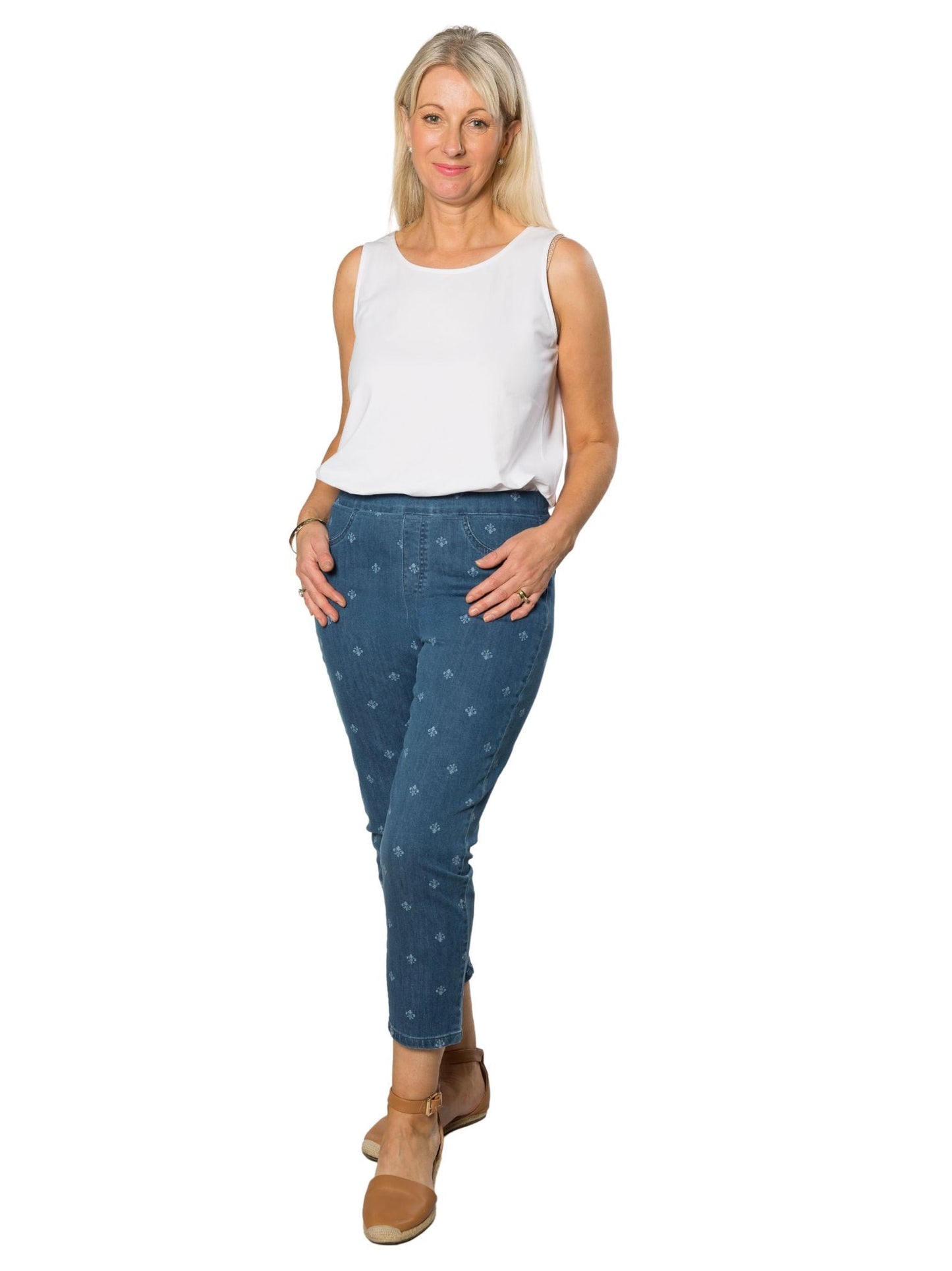 Fleur De Lys all-over Printed 3/4 length flat elastic waist pants with patch pockets on back #6822 Stonewash