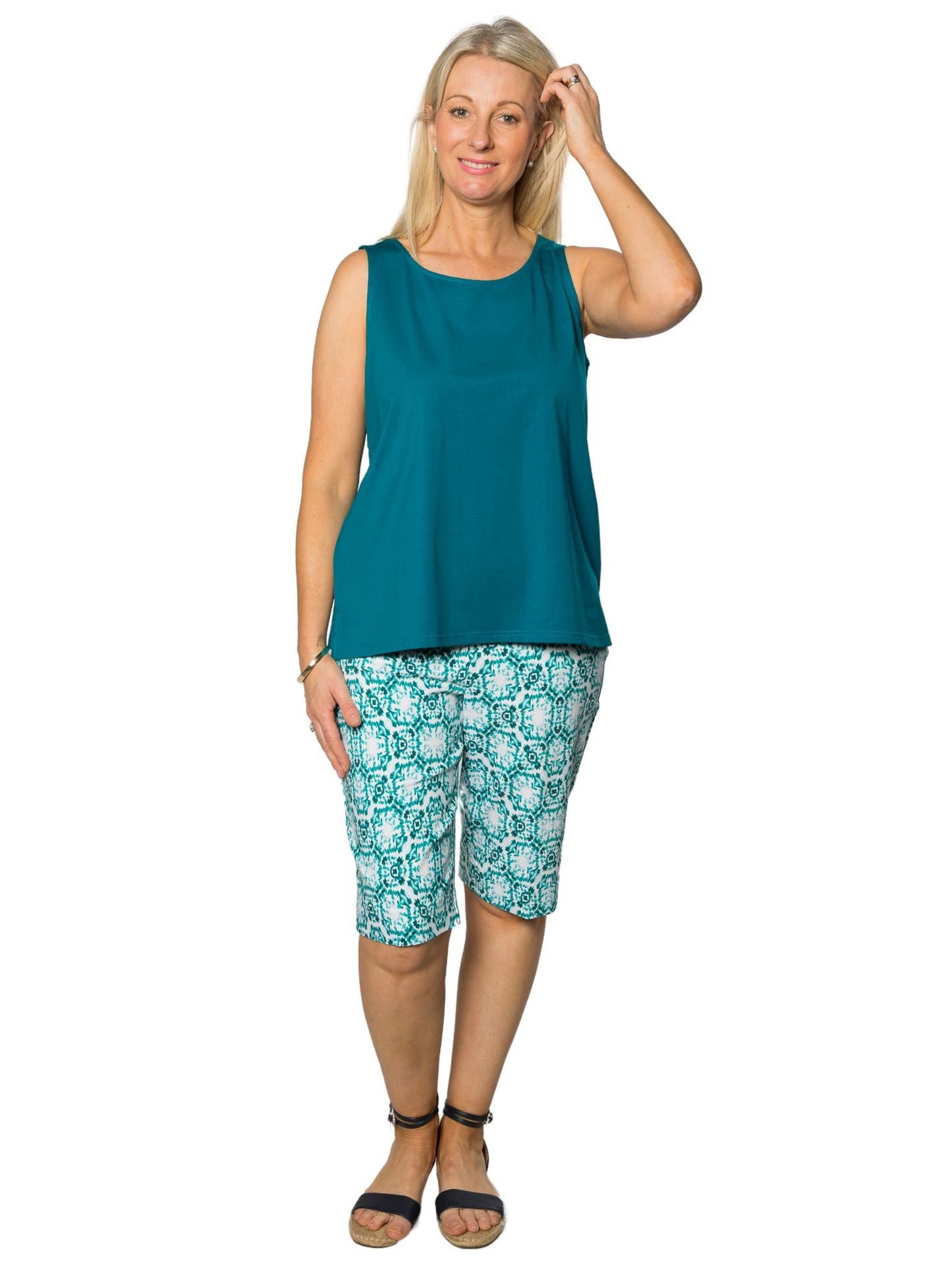 Monacco printed bengaline Pull on knee length short #6263 - Green