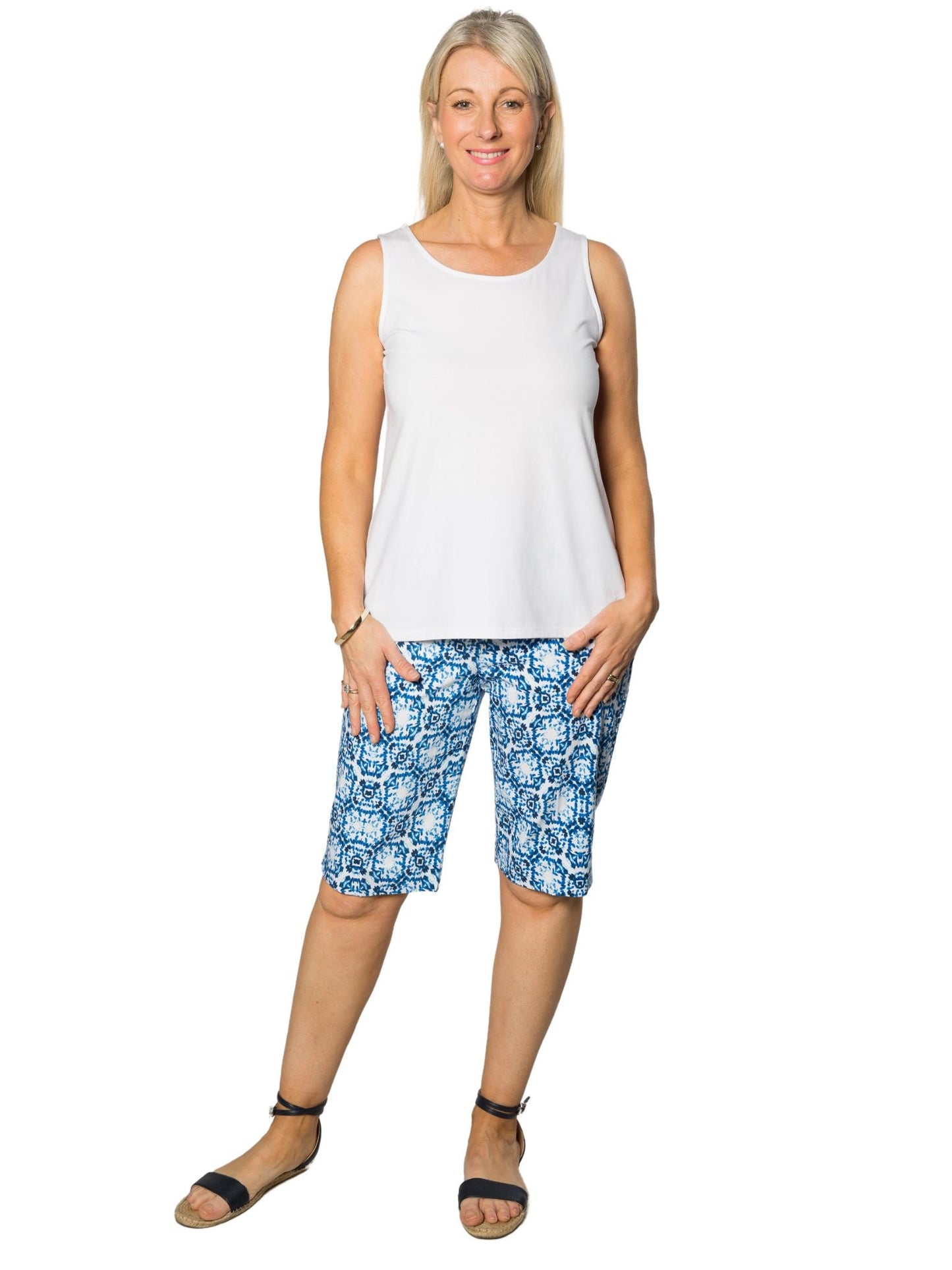 Monacco print bengaline pull on knee length short #6263 - Blue
