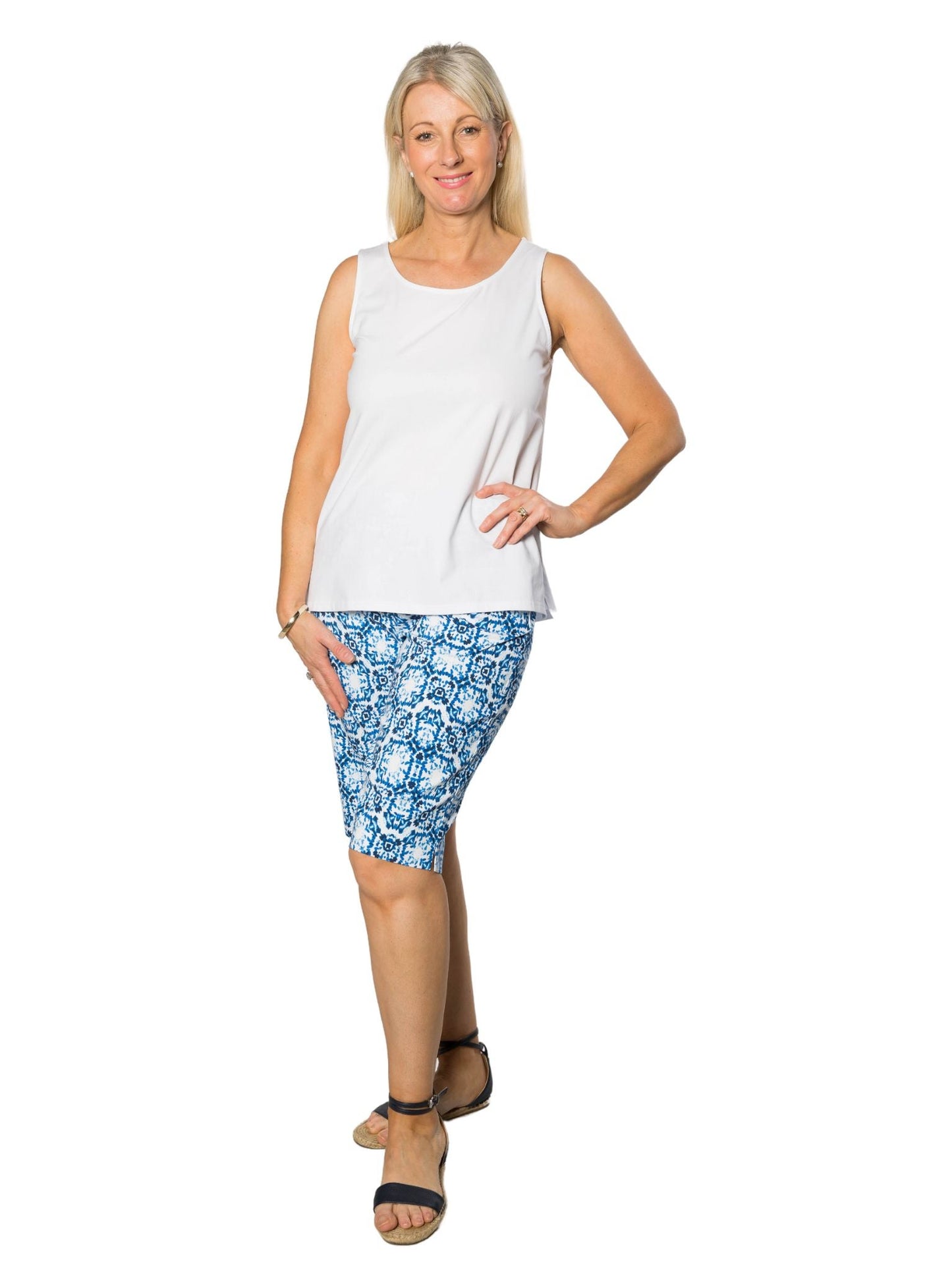 Monacco print bengaline pull on knee length short #6263 - Blue