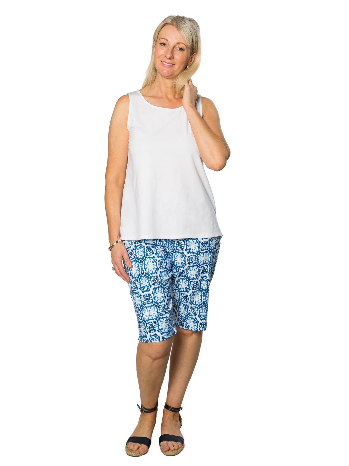 Monacco print bengaline pull on knee length short #6263 - Blue