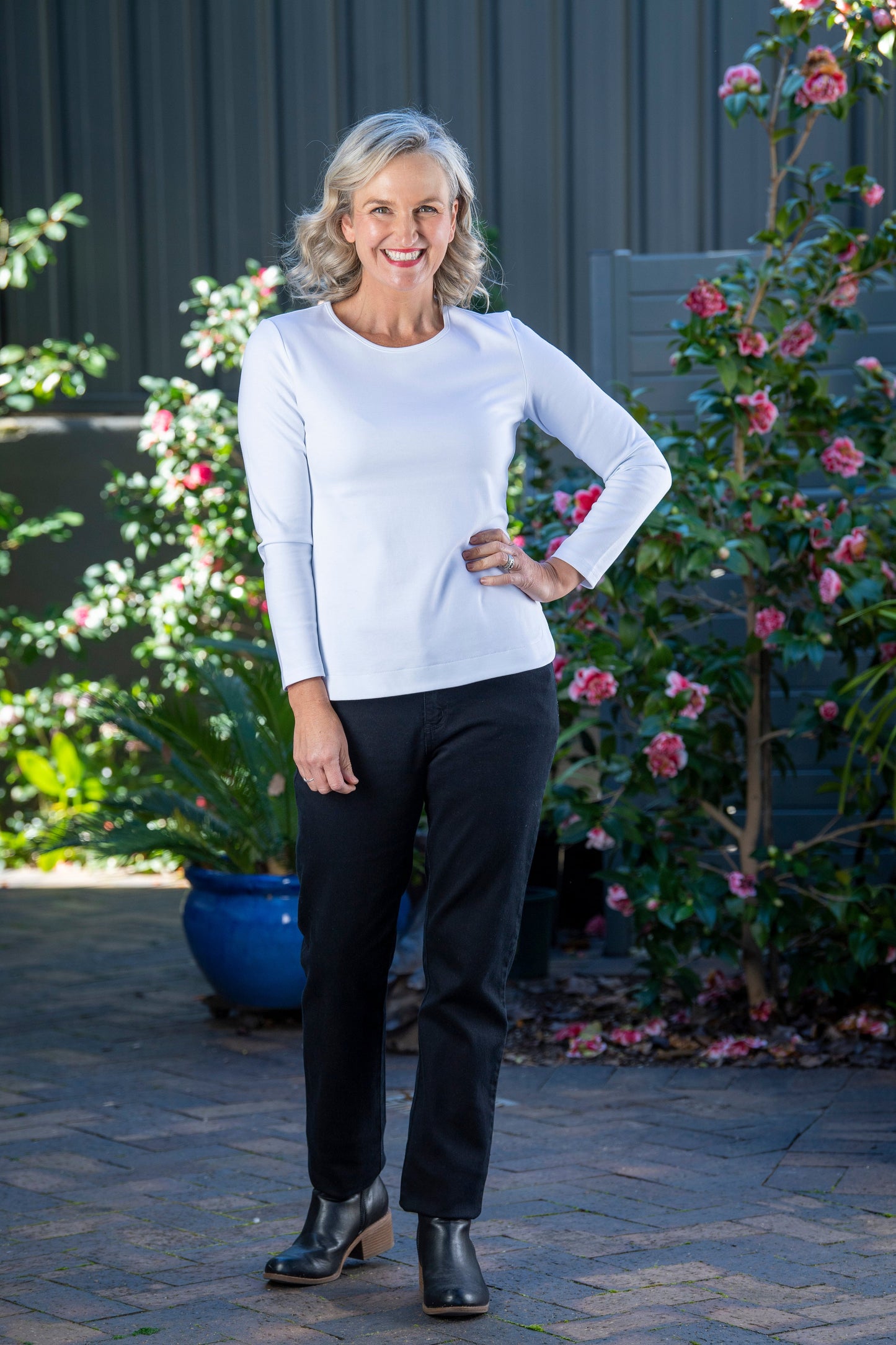Long sleeve stretch cotton round neck top - #108 White