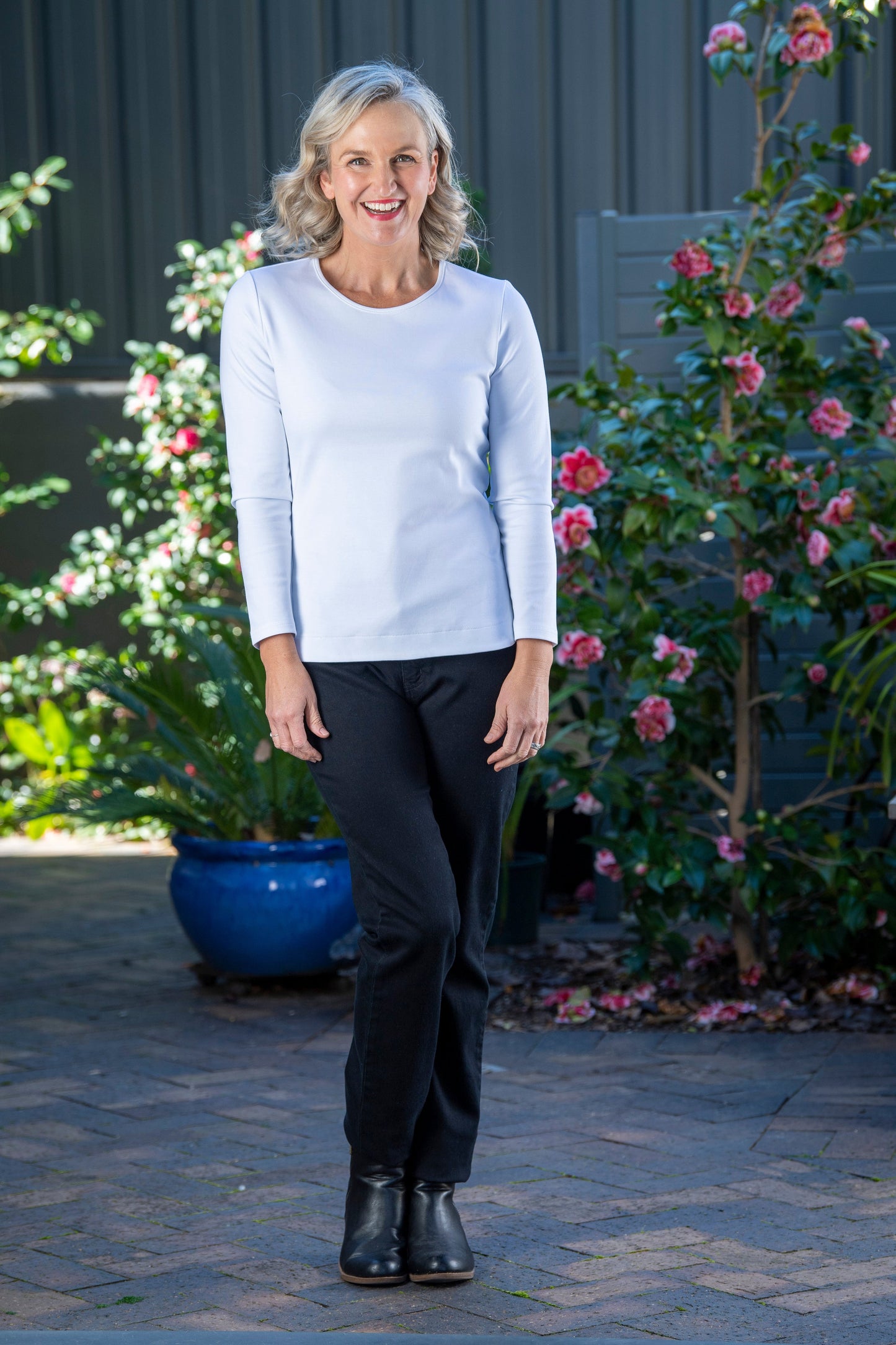 Long sleeve stretch cotton round neck top - #108 White