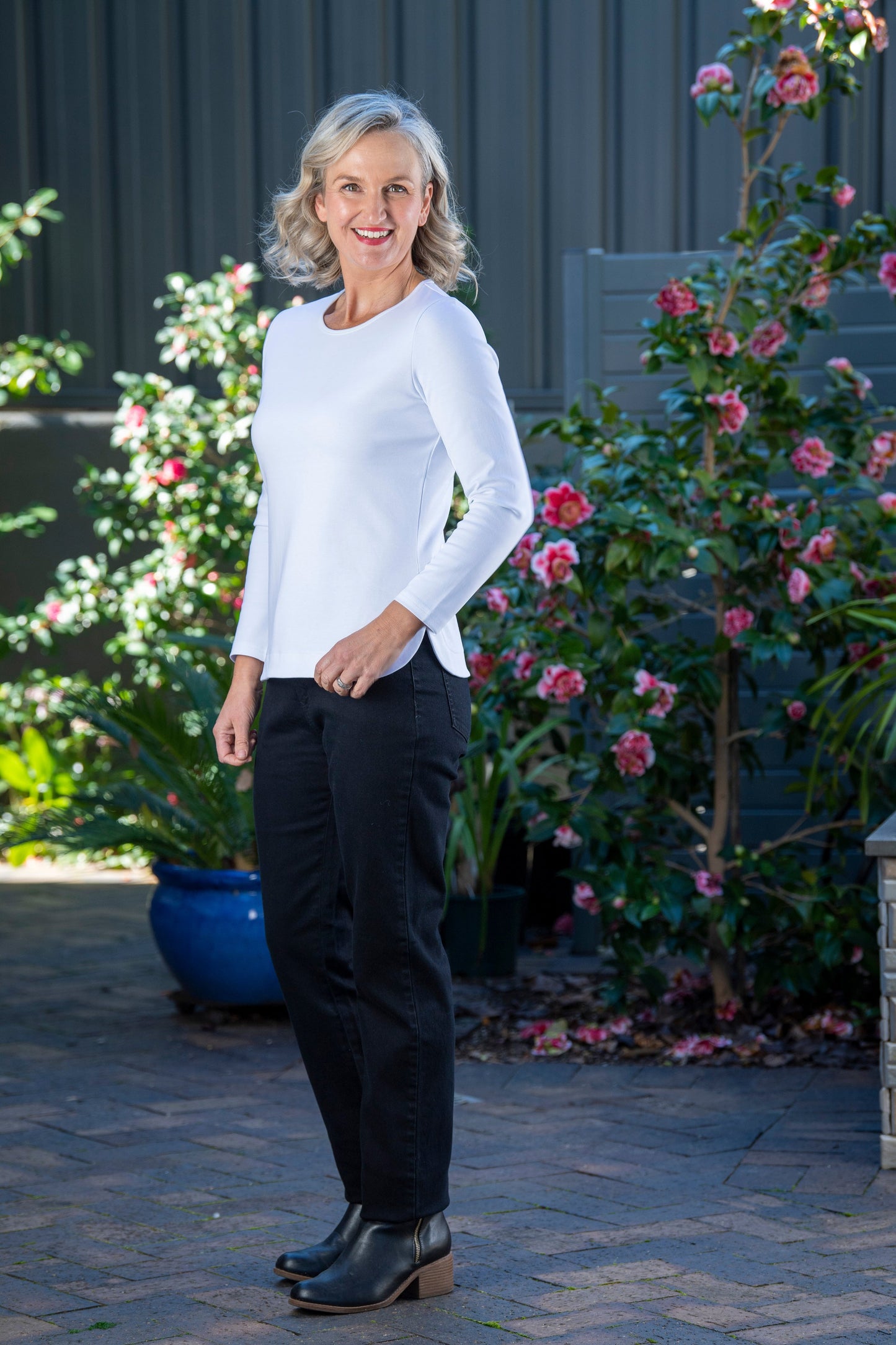 Long sleeve stretch cotton round neck top - #108 White