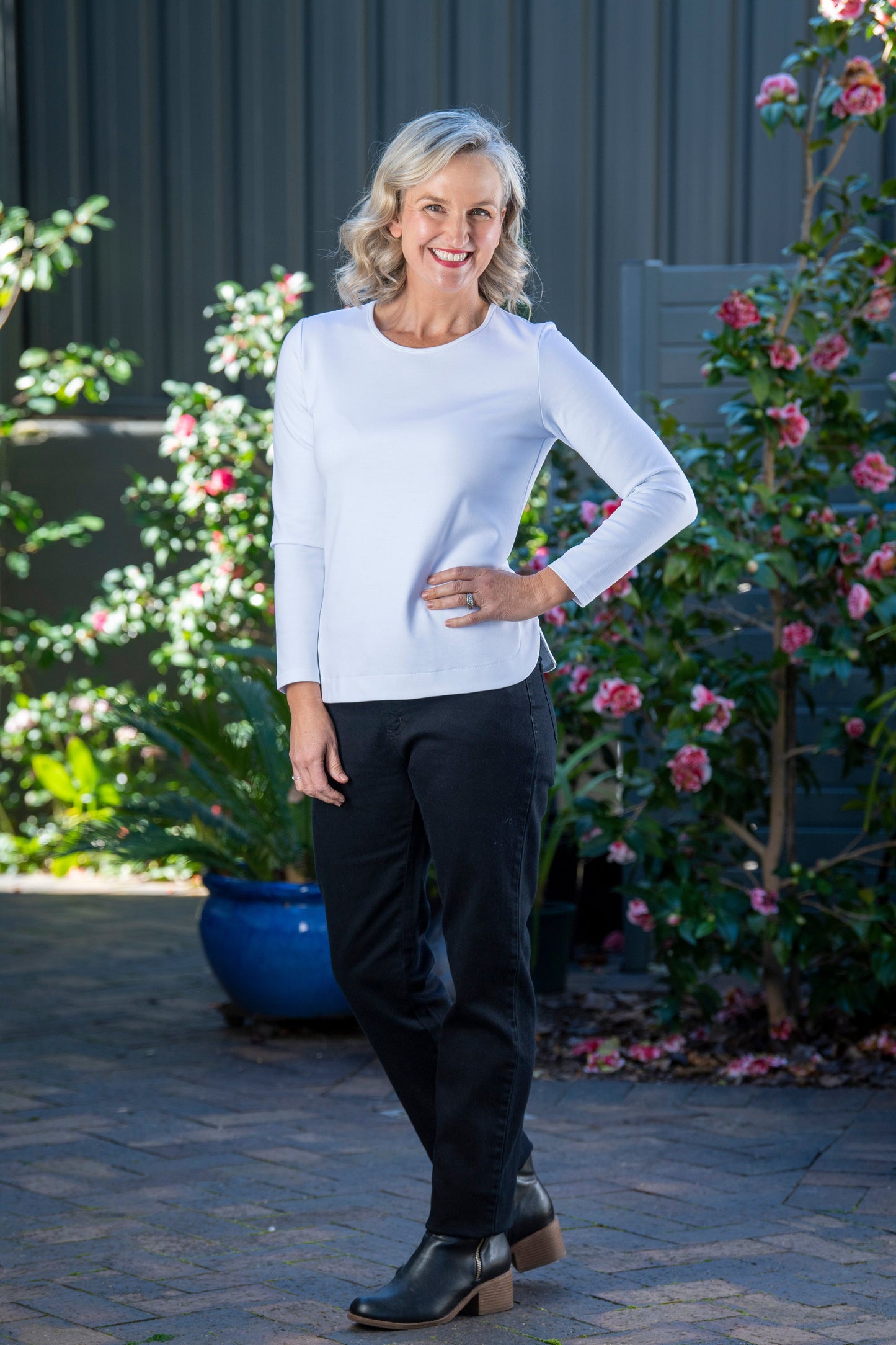 Long sleeve stretch cotton round neck top - #108 White