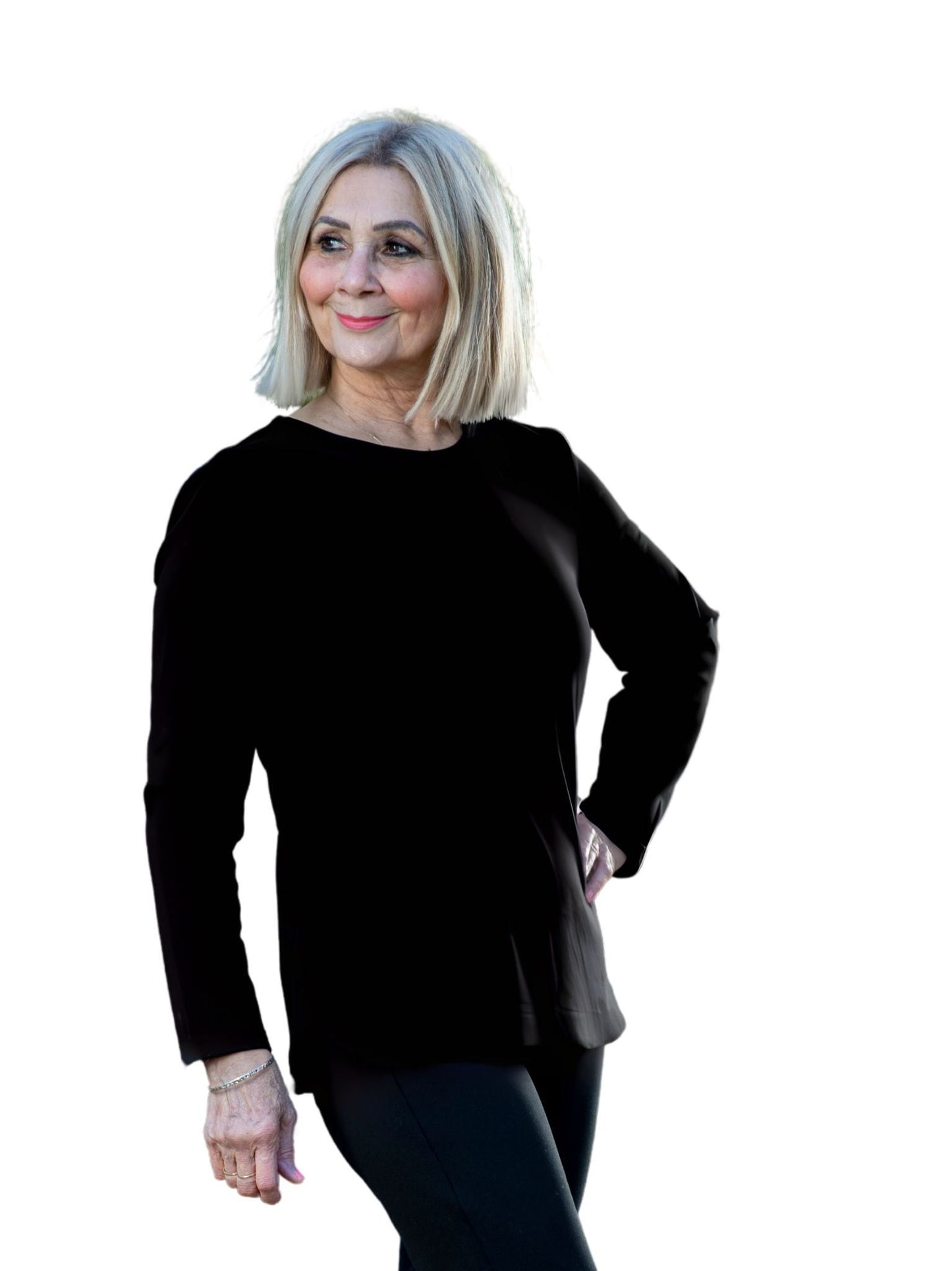 Long sleeve stretch cotton round neck top - #108 Black