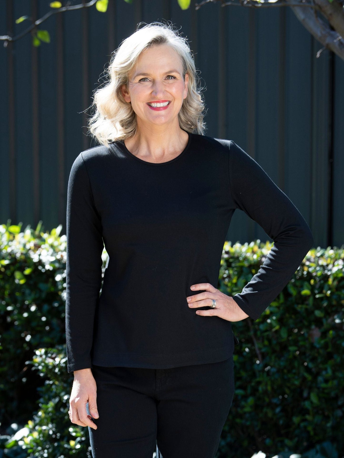 Long sleeve stretch cotton round neck top - #108 Black