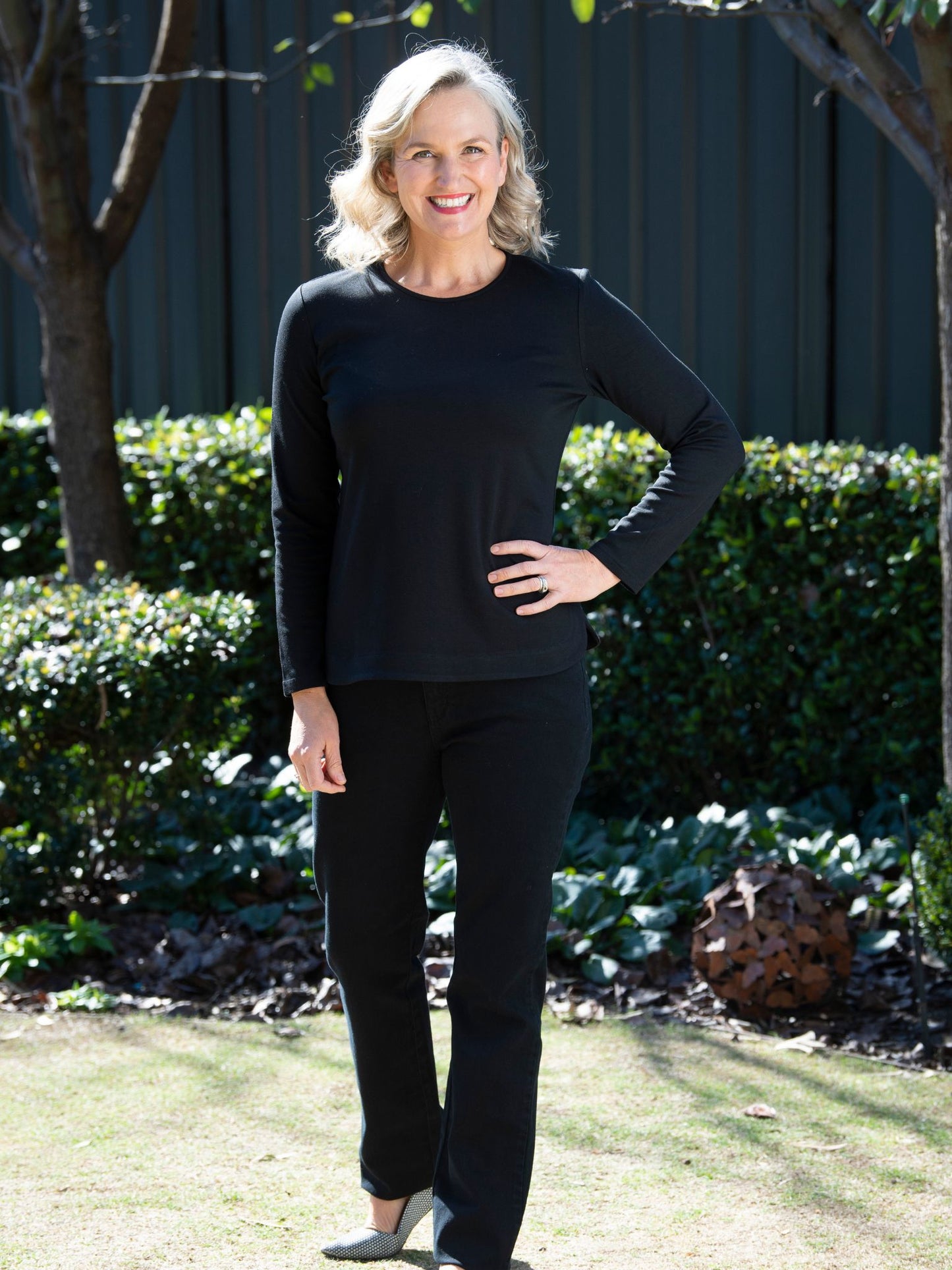 Long sleeve stretch cotton round neck top - #108 Black