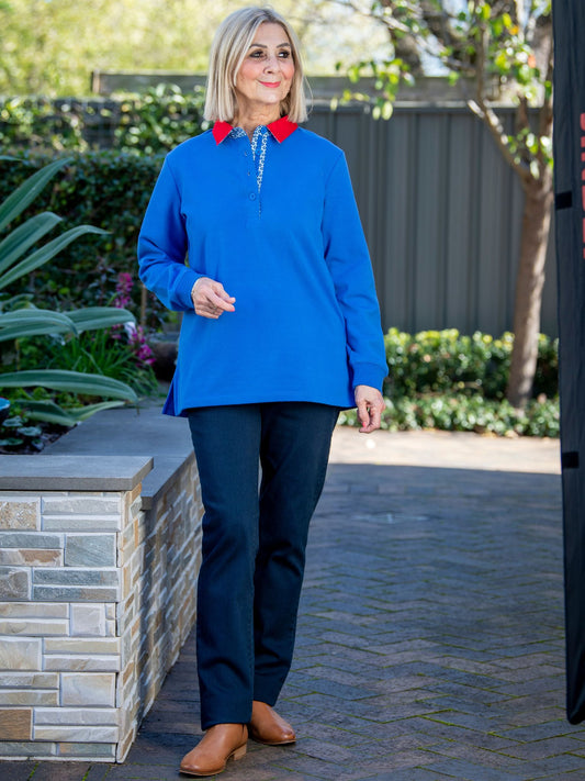 Contrast Trim half button placket cotton rugby top #1022 - Blue