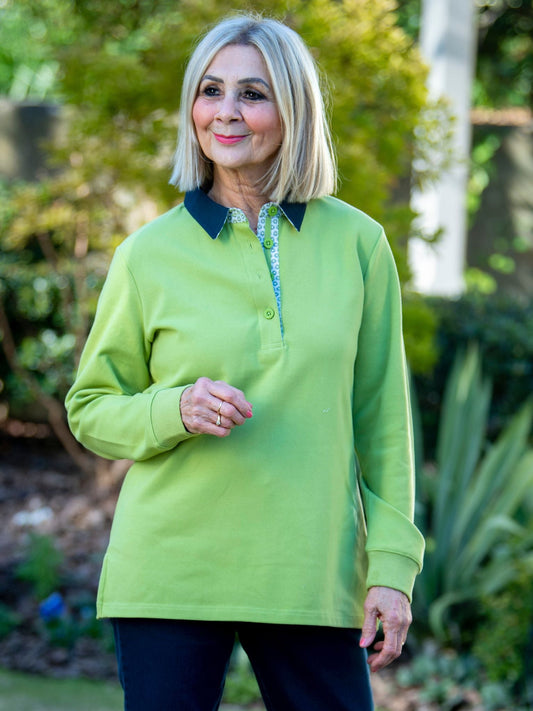 Contrast Trim half button placket cotton rugby top #1022 - Green