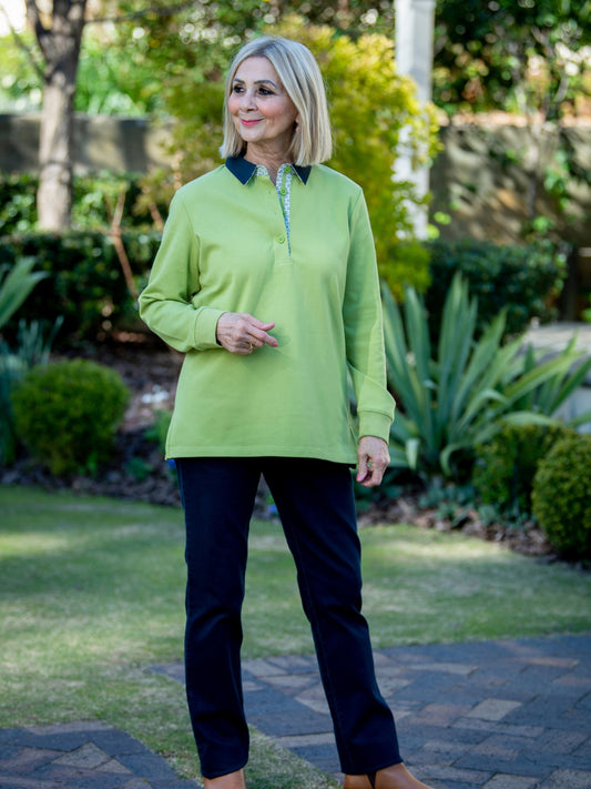 Contrast Trim half button placket cotton rugby top #1022 - Green