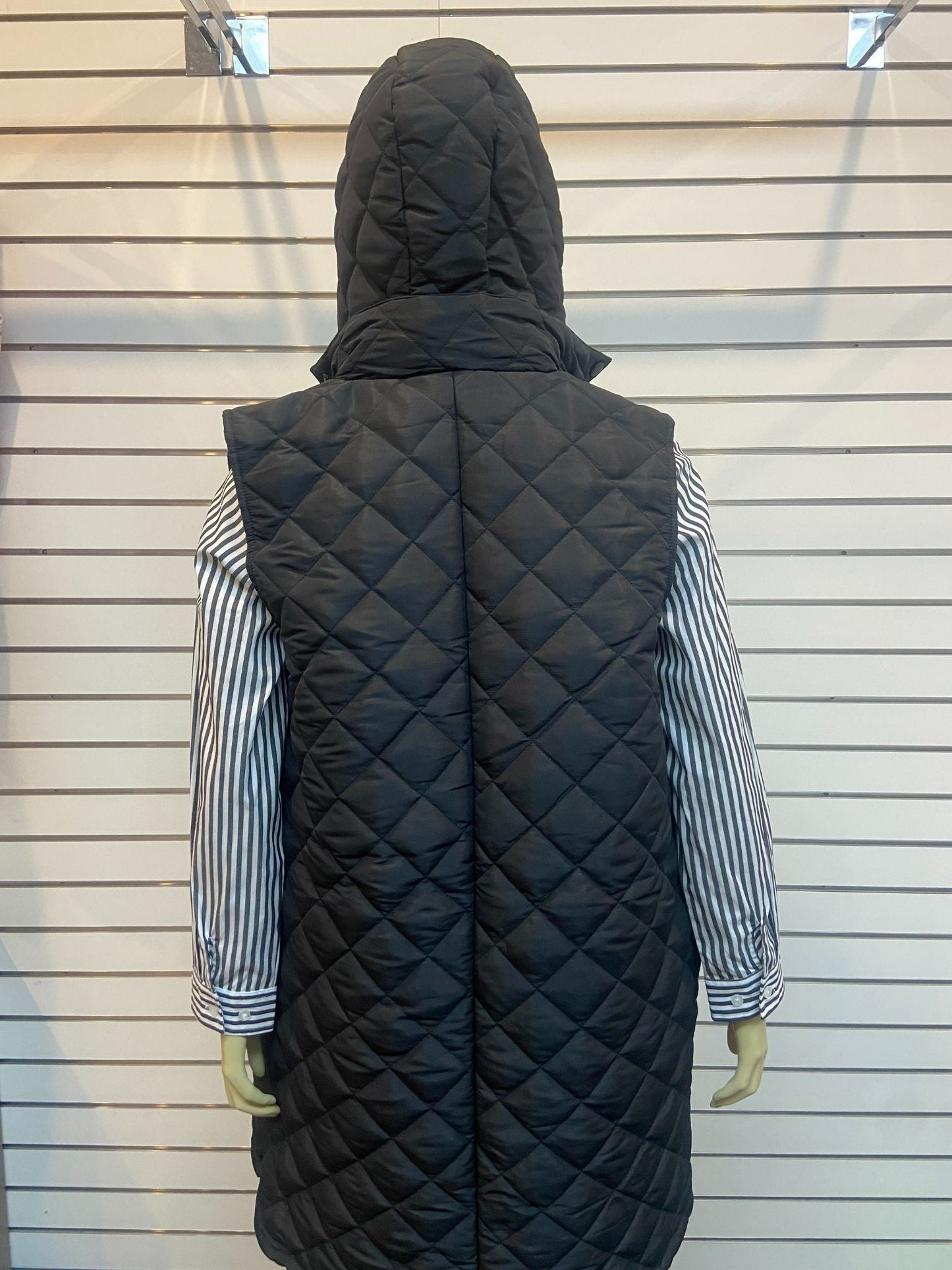 Thigh length quilted vest with removable hood #2400 Black