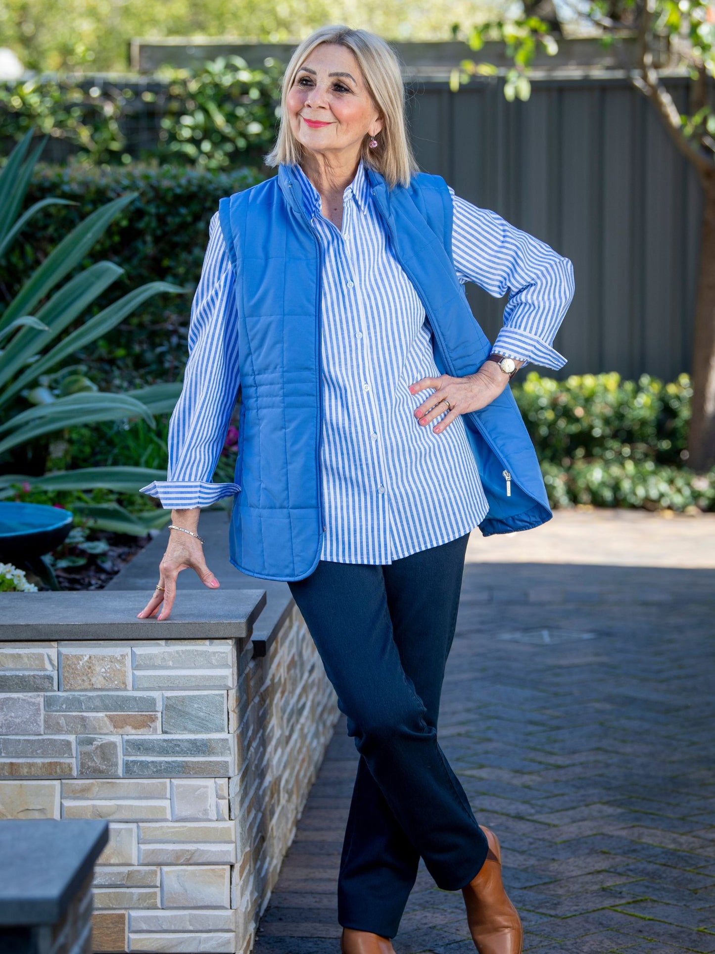 Quilted vest with detail stitching at waist #2412 Blue