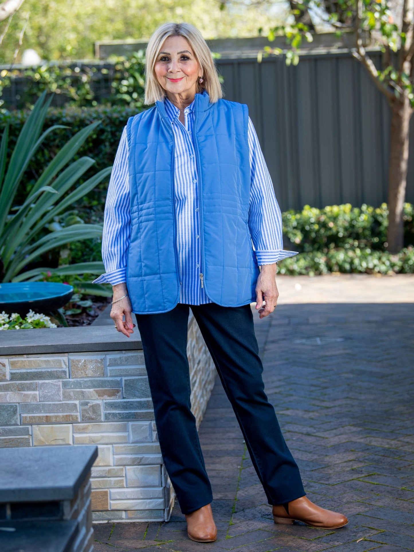 Quilted vest with detail stitching at waist #2412 Blue