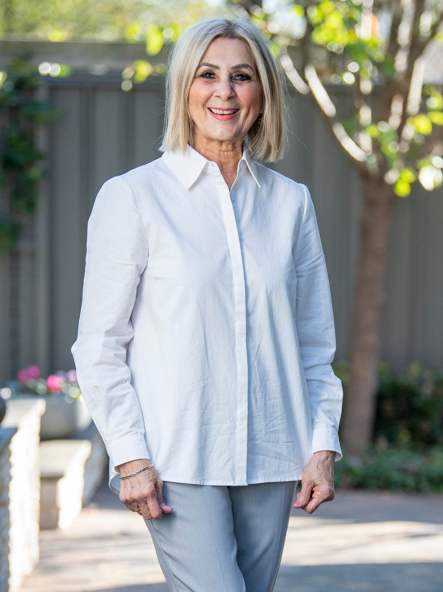 Semi-Fitted 100% Cotton Concealed Placket Long sleeve Shirt - White #3538