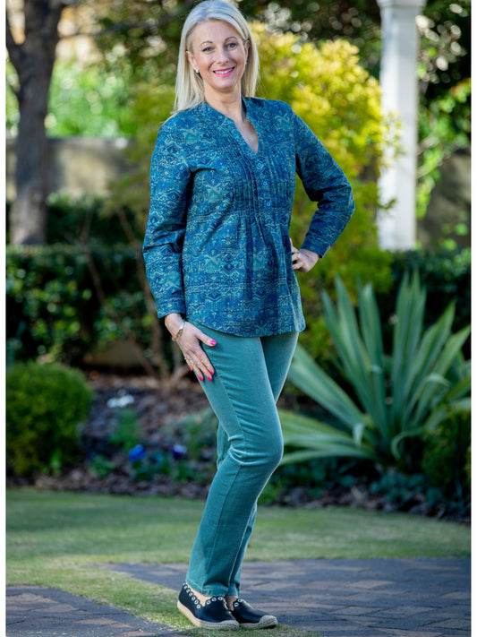 Semi-Fitted 100% Cotton Long sleeve print shirt with front pleat detail #3770 - Blue Multi